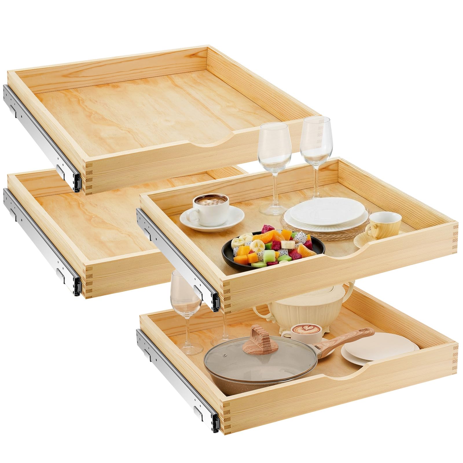 Sintuff 4 Set Wooden Pull out Tray Cabinet Organizer Gentle Close Roll out Shelves for Kitchen Cabinets Fully Assembled Slide Pantry Shelves (24'' X 21'')
