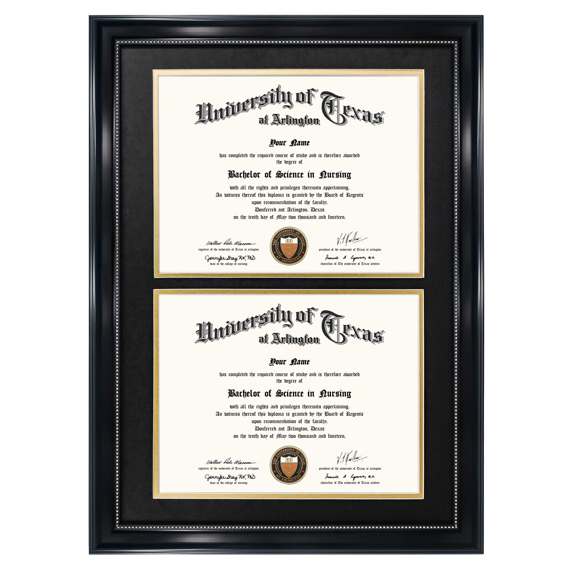 GraduationMall 14x20 Double Diploma Frame, Display 8.5x11 Certificate with Black over Gold Mat,UV Protection Acrylic,Black with Silver Beads