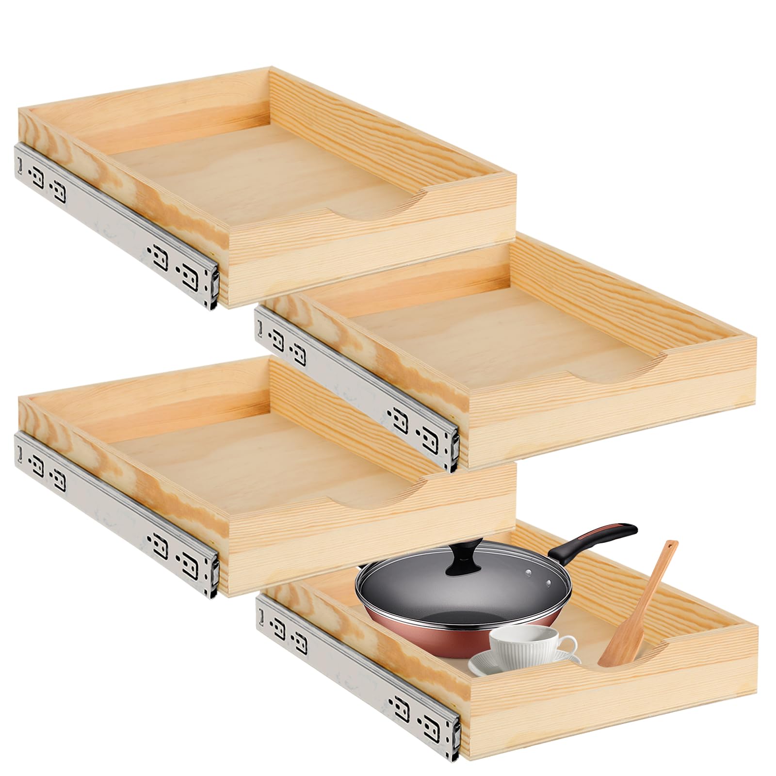4 Set Wooden Pull Out Drawers for Cabinets 15 X 21in Pull Out Cabinets Organizer,Cabinet Pulls Out Shelves Soft Close Slide Outs for Kitchen Under Sink Space, Pantry, Bathroom