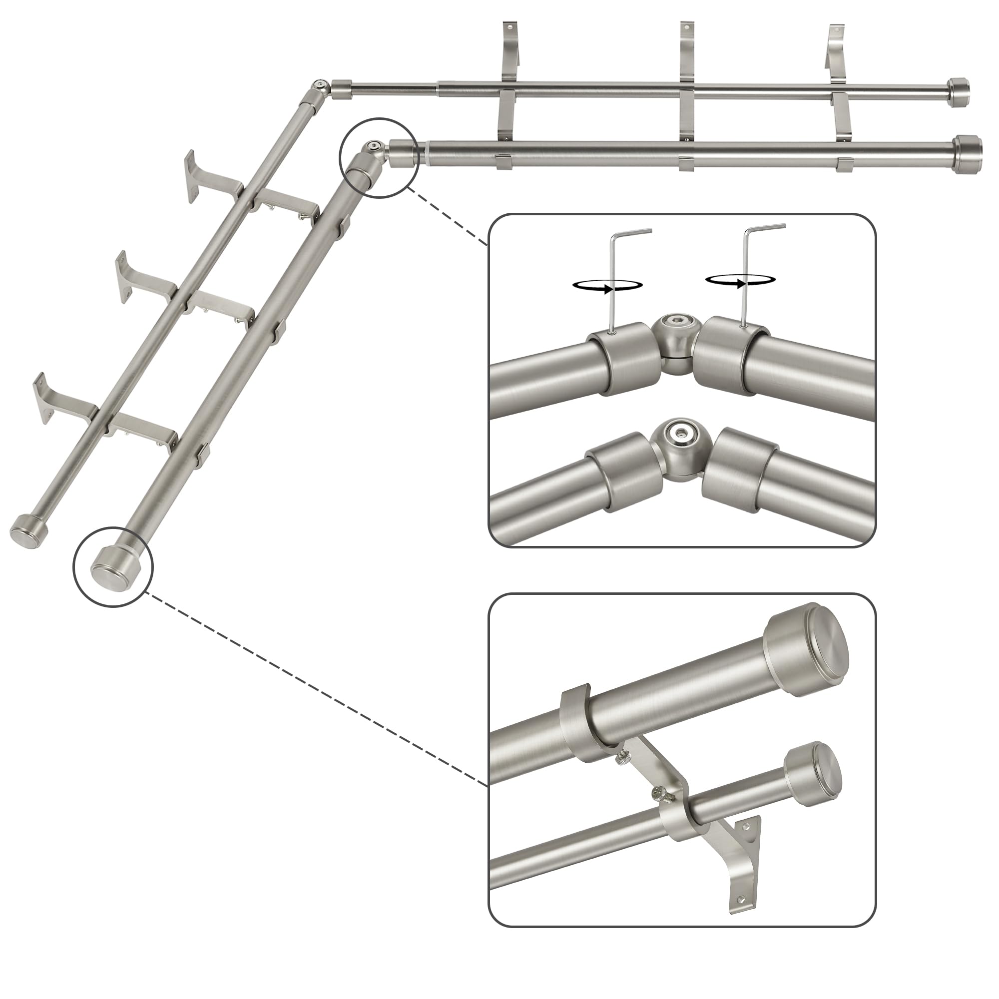 Mayrhyme Brushed Nickel Double Corner Window Curtain Rods with Aluminum End Cap Finials and Brackets,1 Inch Diameter Dual Bay Window Curtain Rods, Adjustable 2 Sided 32-86 Inch Double Drapery Rod