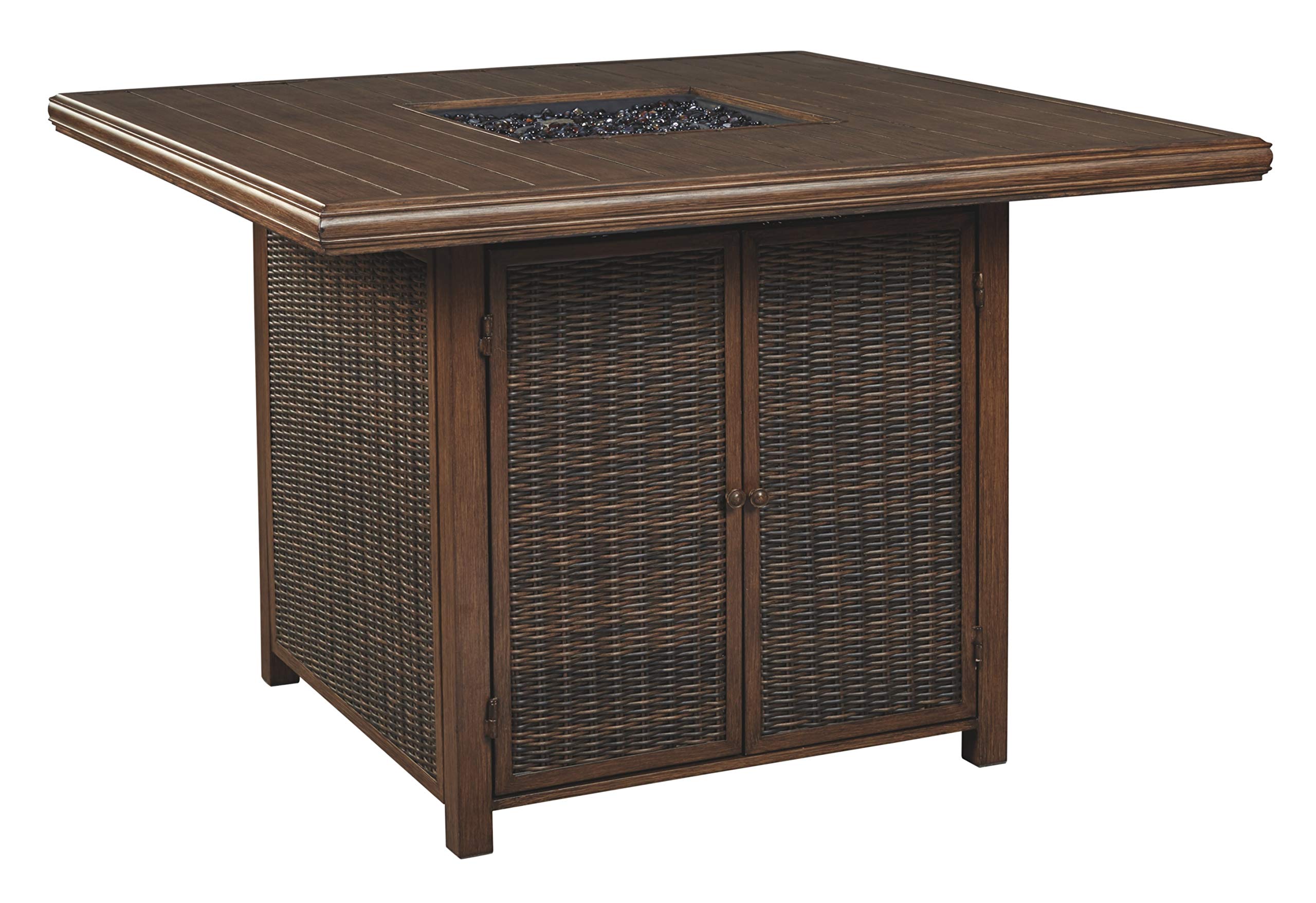 Signature Design by Ashley Paradise Trail Square Bar Table with Fire Pit, Medium Brown