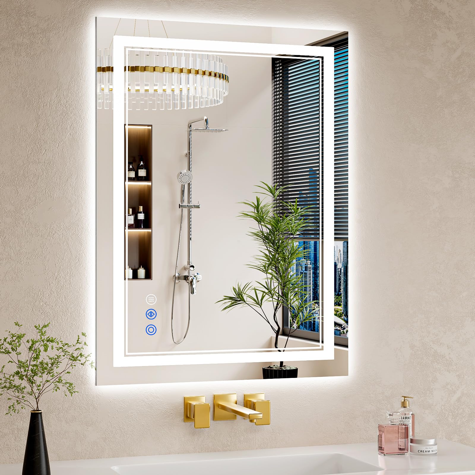 WISSMIELS 24"x32" LED Bathroom Mirror with Lights, Anti-Fog, Backlit + Front Lit, Dimmable, Led Vanity Mirror for Wall, Lighted Bathroom Mirror, 3 Colors, Shatter-Proof Tempered Glass