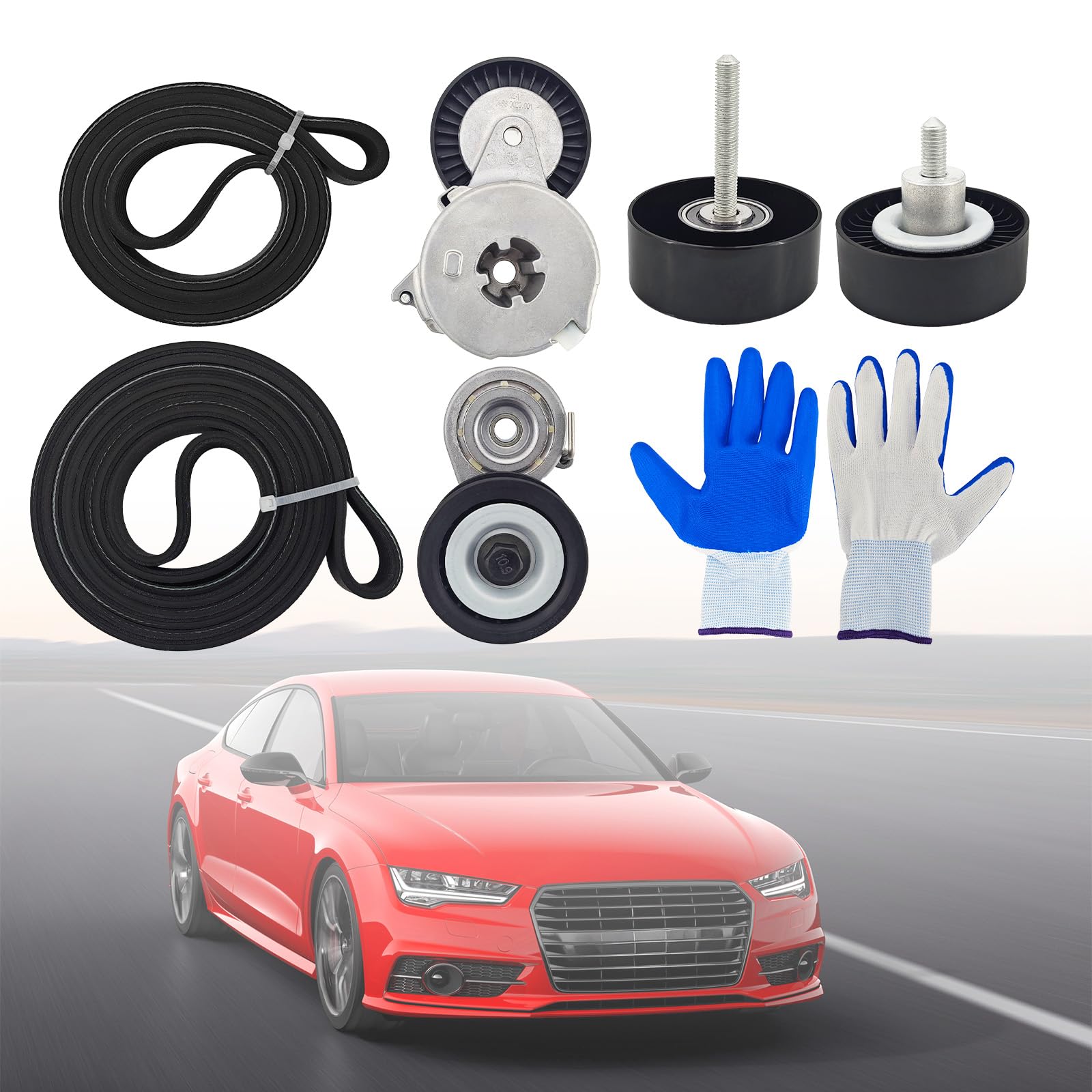 Sowyre Drive Belt Tensioner Idler Pulley Kit Compatible with VW Touareg 3.0L 2011-2014, Compatible with Au-di A6 A7 S4 S5 Q5 Q7 SQ5 3.0L 2011-2015，06E903133AG 06E903133AB 06E903137AE 06E903137AB