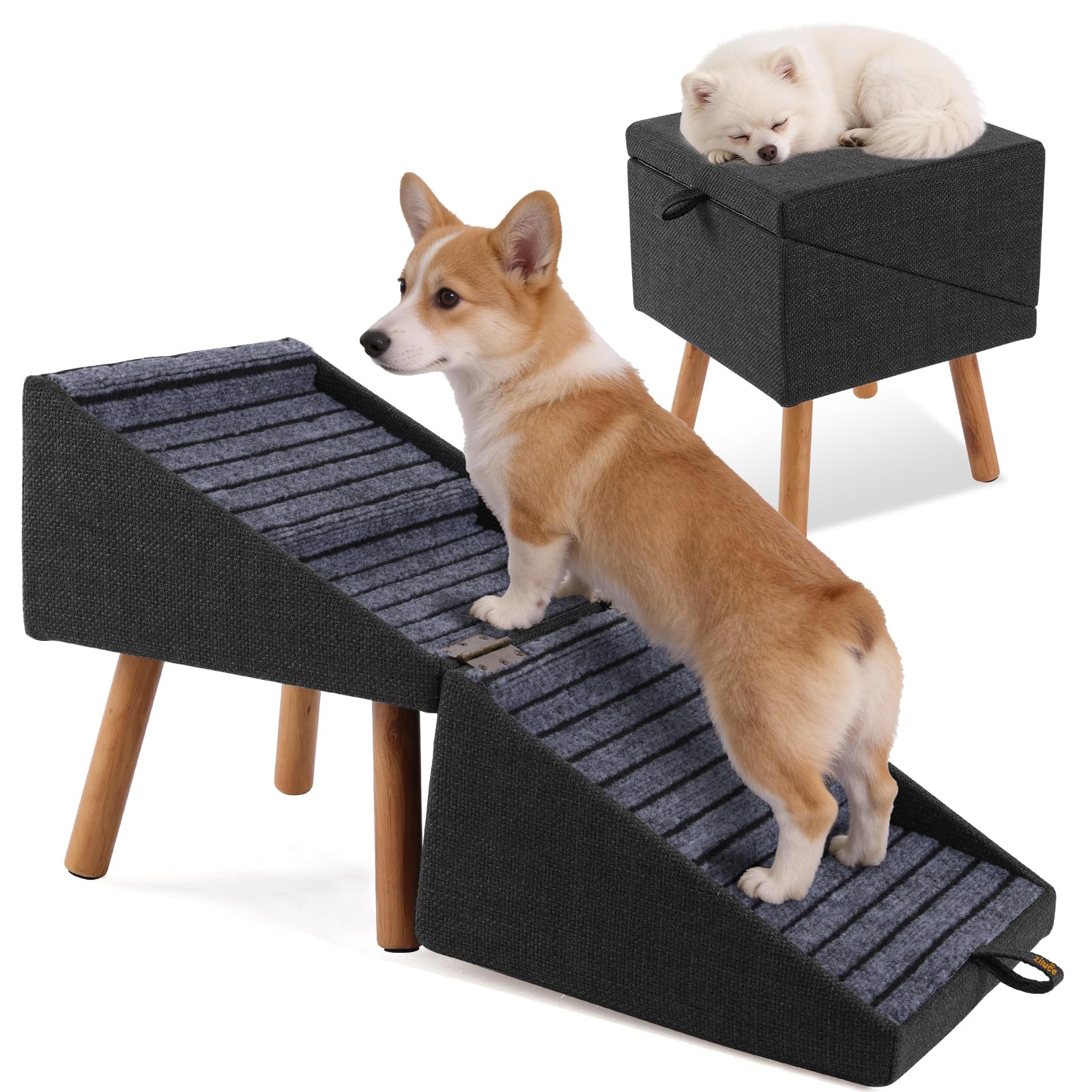 17.13" H Dog Stairs for Small Dogs, 2-in-1 Pet Steps & Ottoman - Foldable Dog Stairs for Couch, Non-Slip Wooden Pet Stairs for Puppy Senior Injured Dogs (Black)