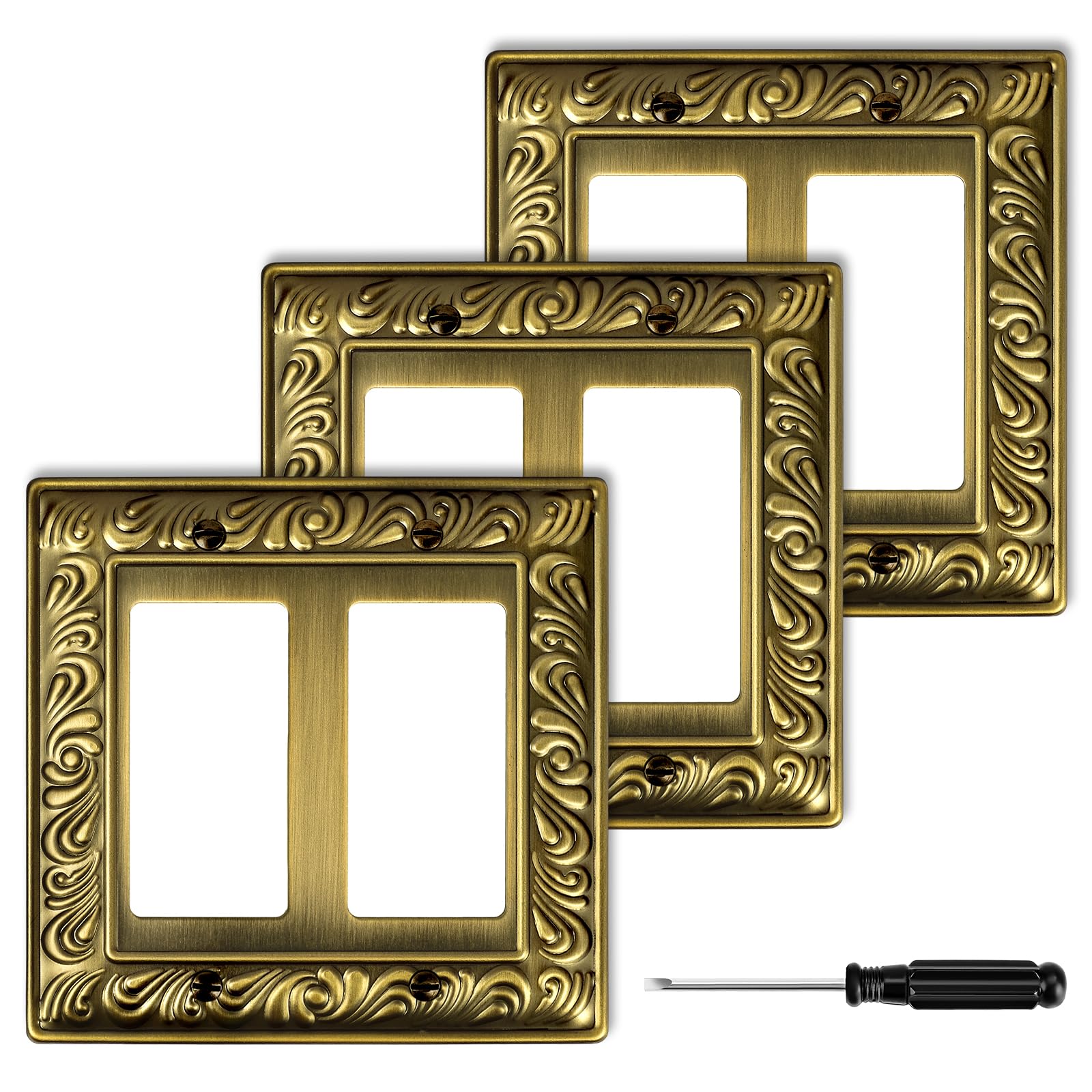 Antique Brass Decorative Wall Plate Light Switch Cover Decorator Outlet Covers Rocker Switch Plates Metal Material Wall Plates for Kitchen Bathroom (2 Gang Double Decorator-3 Pack)