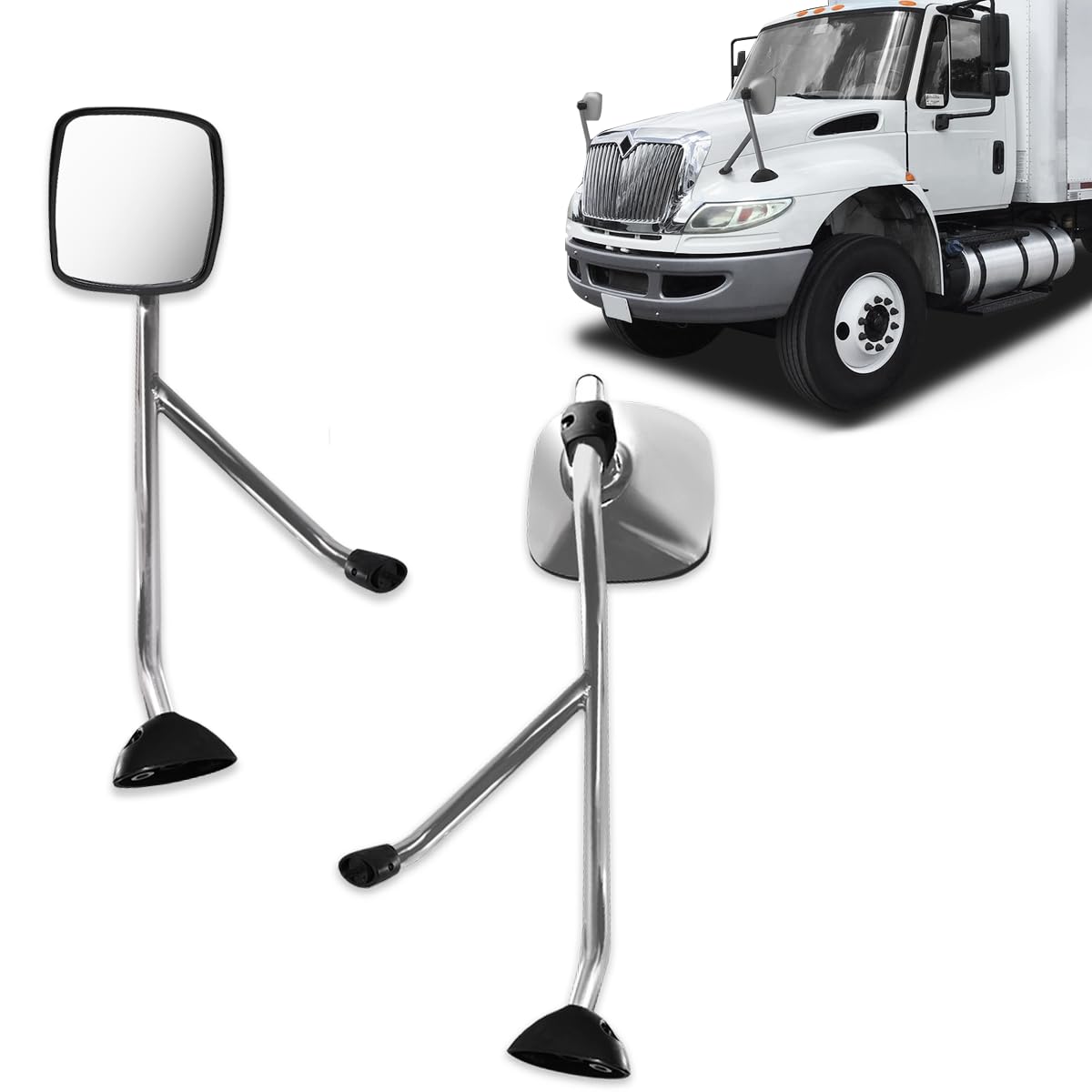Black Hood Mirror Assembly for International Durastar 4300 Truck Driver Left and Passenger Right Side Pair with Mounting Arm