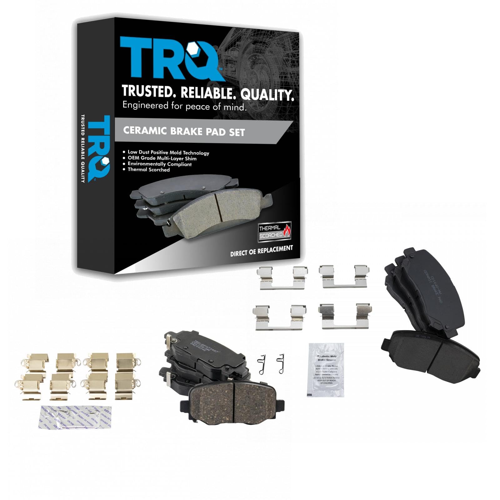 TRQ Front and Rear Ceramic Brake Pad Set Compatible with 2015-2017 Chrysler 200 2014-2019 Jeep Cherokee with 278mm Diameter Front Rotors