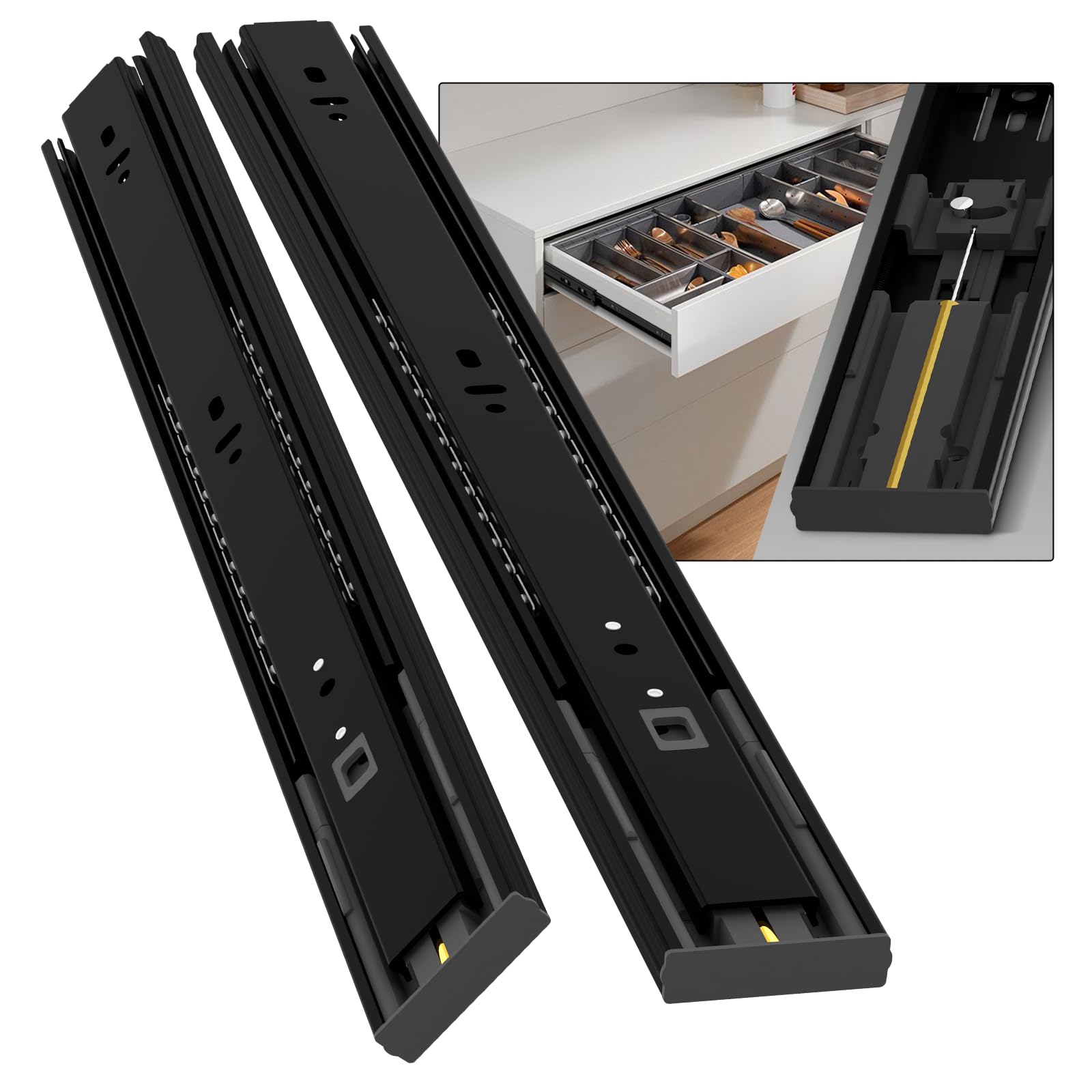 BAIDICE 1 Pair Soft Close Drawer Slides Rails 12 14 16 18 20 22 24 Inch 100 lb Load Capacity Side Mount Full Extension Cabinet Runner Self Slow Closing Ball Bearing Metal Dresser Glide Track Black