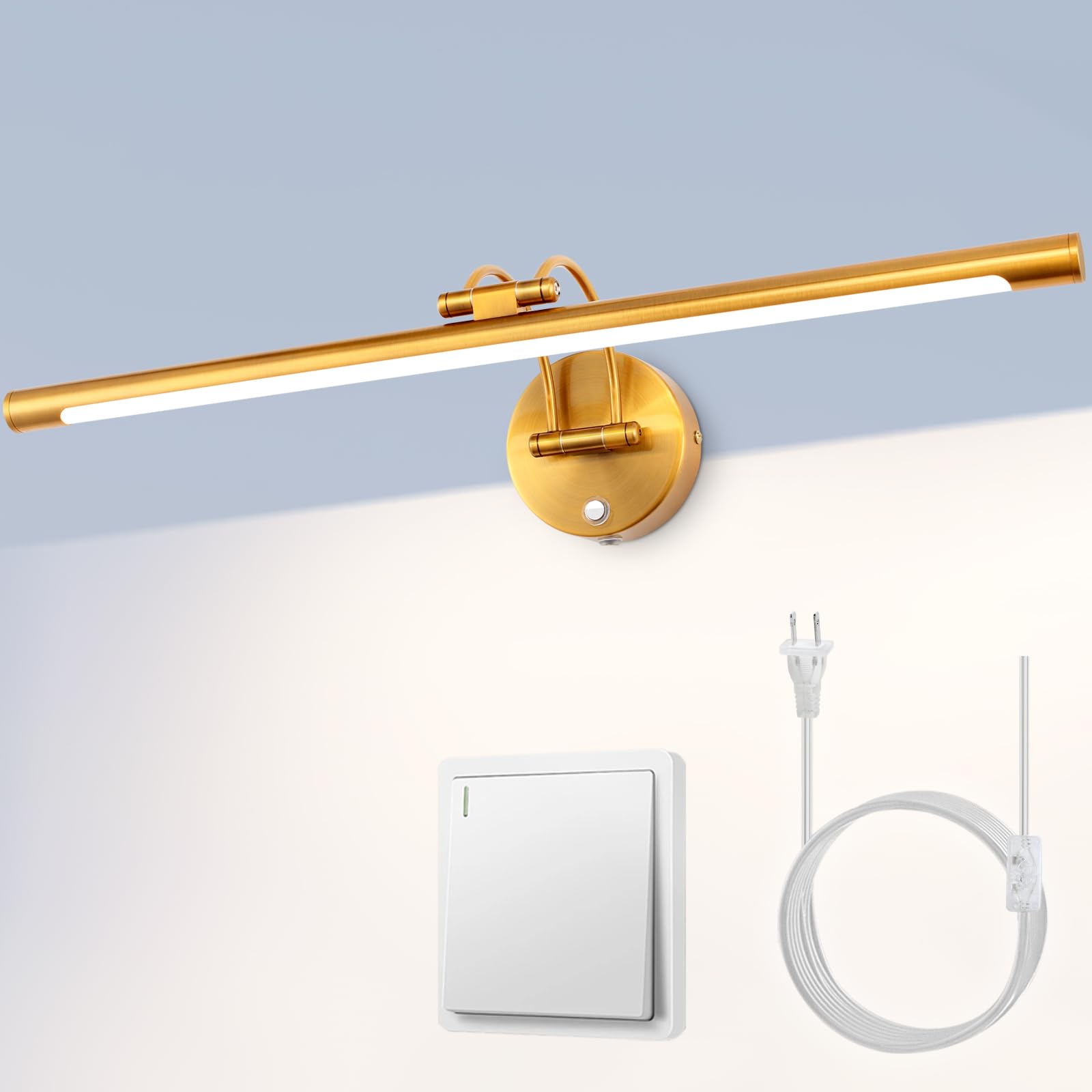 MantoLite 24'' Picture Lights for Wall,Vanity Lights for Bathroom,Plug-in or Hardwired,12W LED 3CCT Dimmable Light Fixture Brass Modern Bathroom Lighting Fixtures Over Mirror Wall Lights for Bedroom