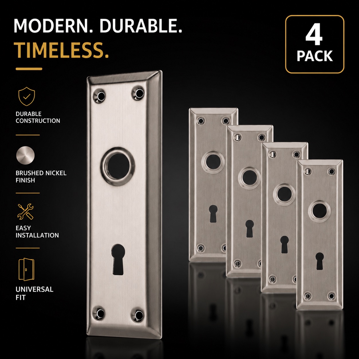 4 Pack of Mortise Lock Door Plates with Keyhole - Brushed Nickel