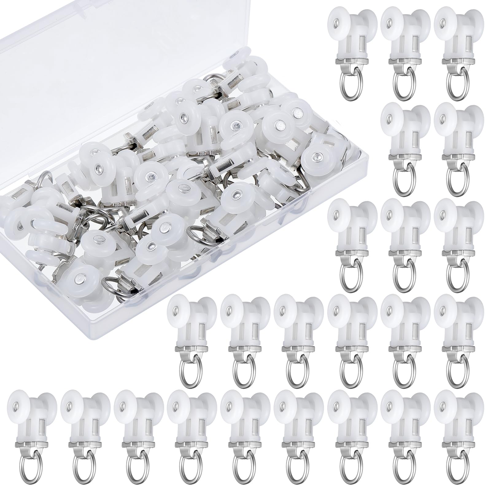 Barydat Curtain Track Roller Hooks Rail Pulleys Runners Plastic Ceiling Gliders Window Rod Dual Wheel Roller Carriers Mounted Curtain Track for Window Rail Rod Room Dividers(60 Pcs)