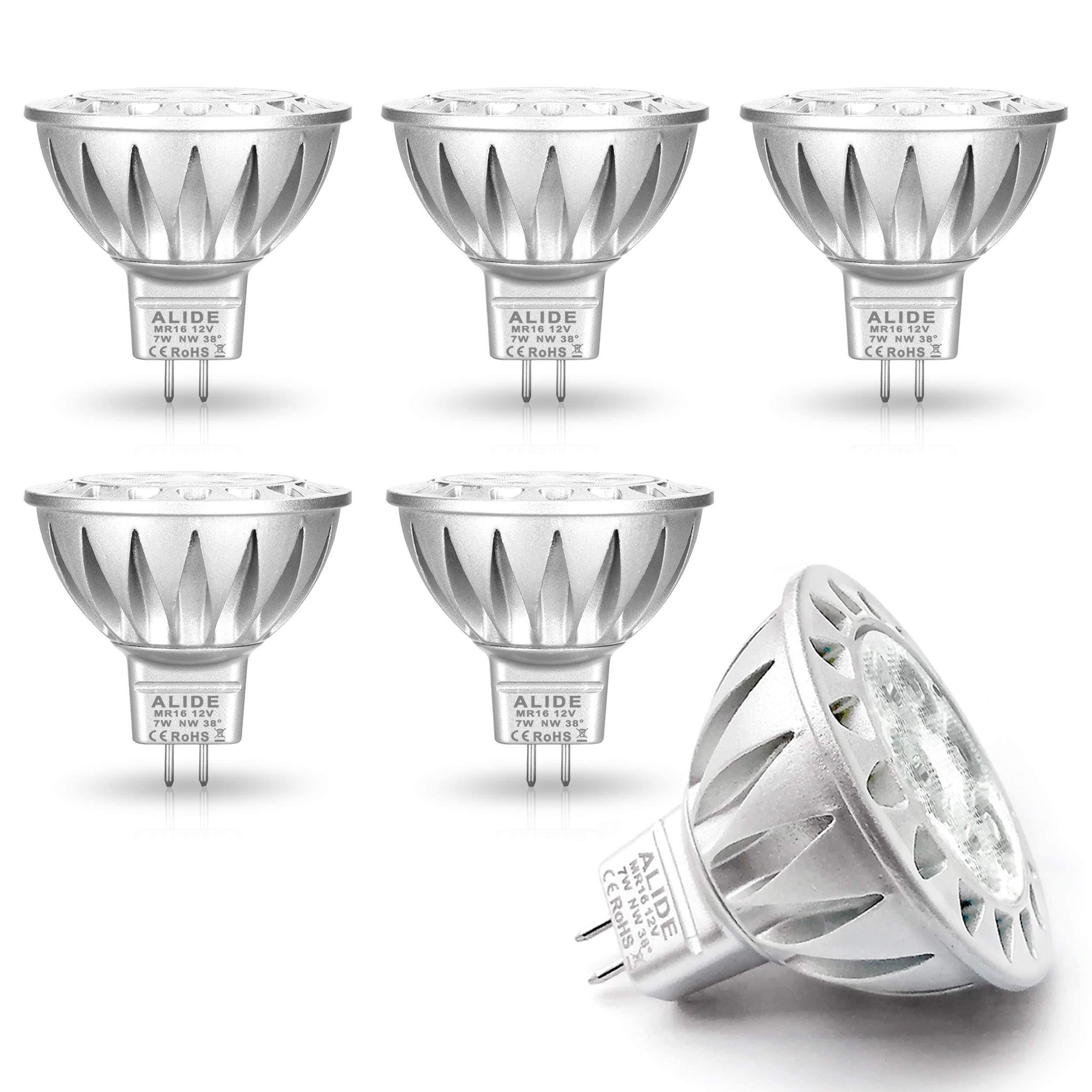 ALIDE MR16 7W 4000K Natural White Led Bulbs,50W 75W Halogen Equivalent,12V Low Voltage MR16 GU5.3 Bulb Spotlight for Outdoor Landscape Flood Track Lighting 560lm,38 Deg,6 Pack Not Dimmable