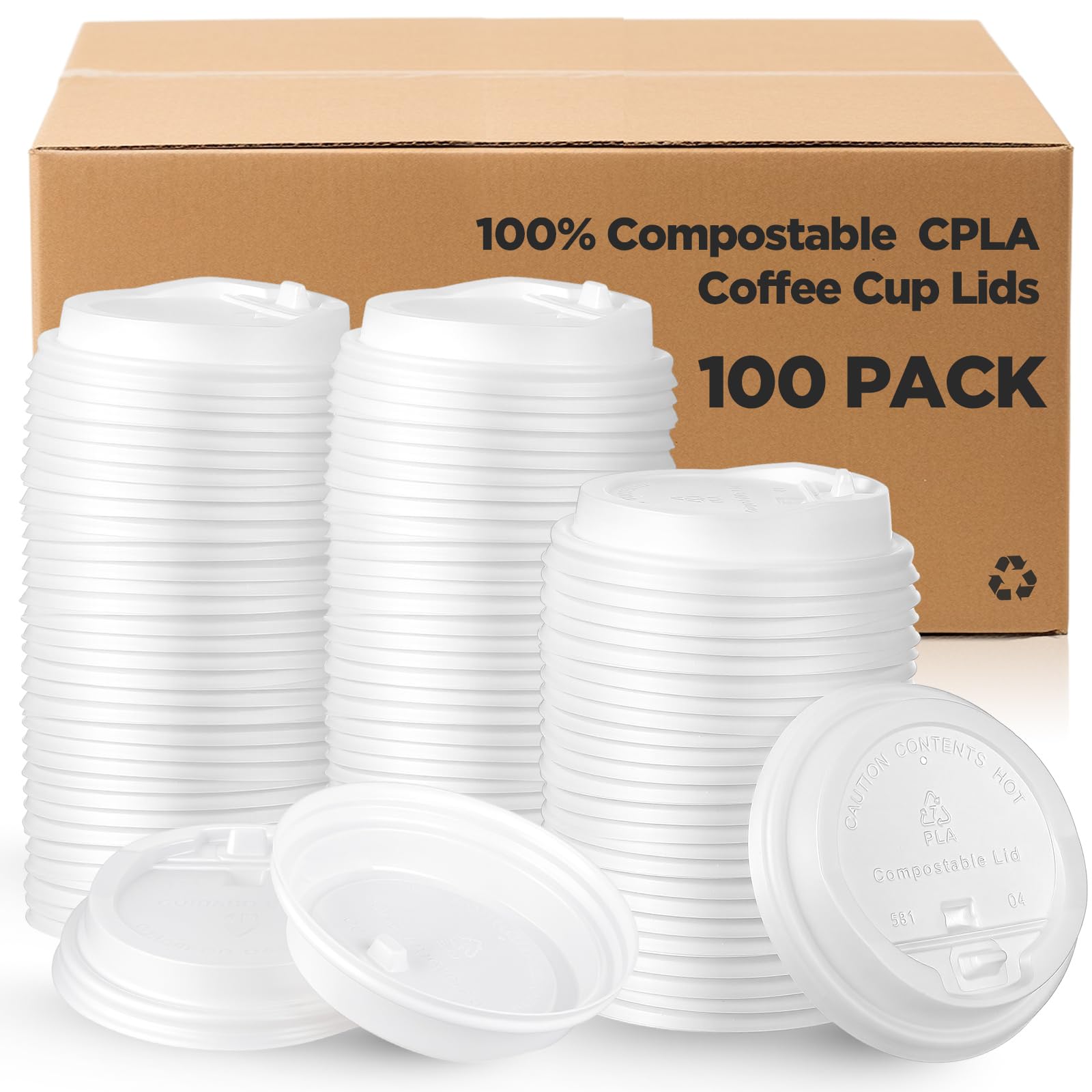 Kathfly 100 Count 100% Compostable CPLA Coffee Cups Lids Bulk 3.54 Inch White Disposable CPLA Hot Cup Lid Fit 10/12 /16/20 oz Paper Cup Convenient Sip Hole Leak Proof for Hot Drink Cold Water Beer