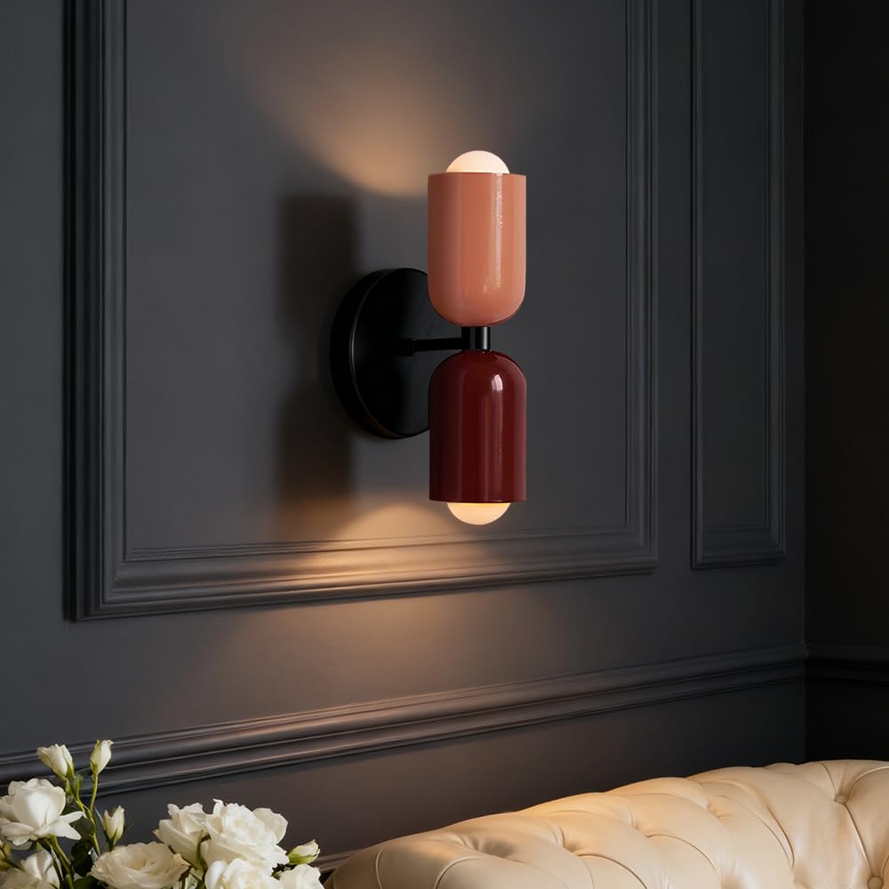 Zobawlks Vintage Wall Sconce Bathroom Vanity: Mid Century Wall Lights Bedroom Hallway - Metal Wall Lighting Mirror (Pink & Red)