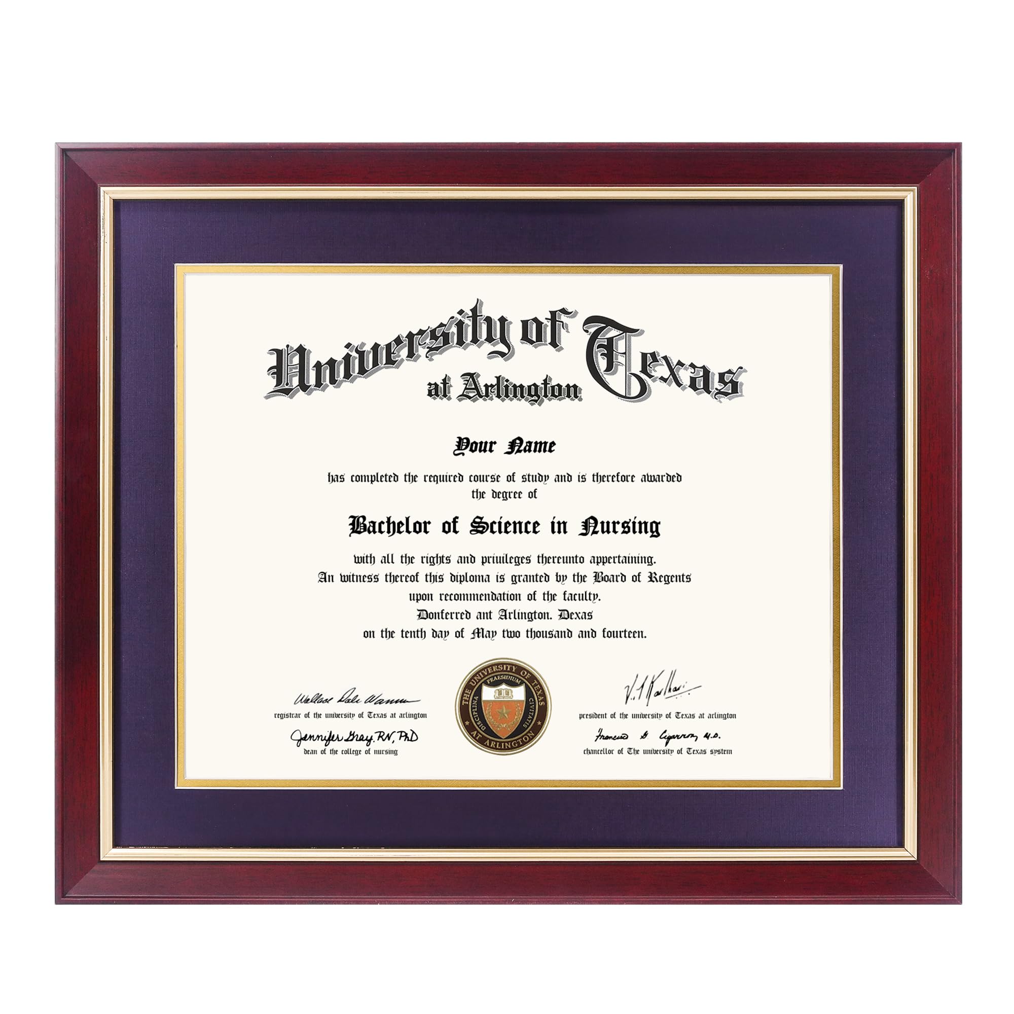 GMFrames 11x14 Wood Diploma Frame with Purple Mat or Display 14x17 Certificates without Mat,UV Protection Acrylic,Cherry Finish with Gold Trim