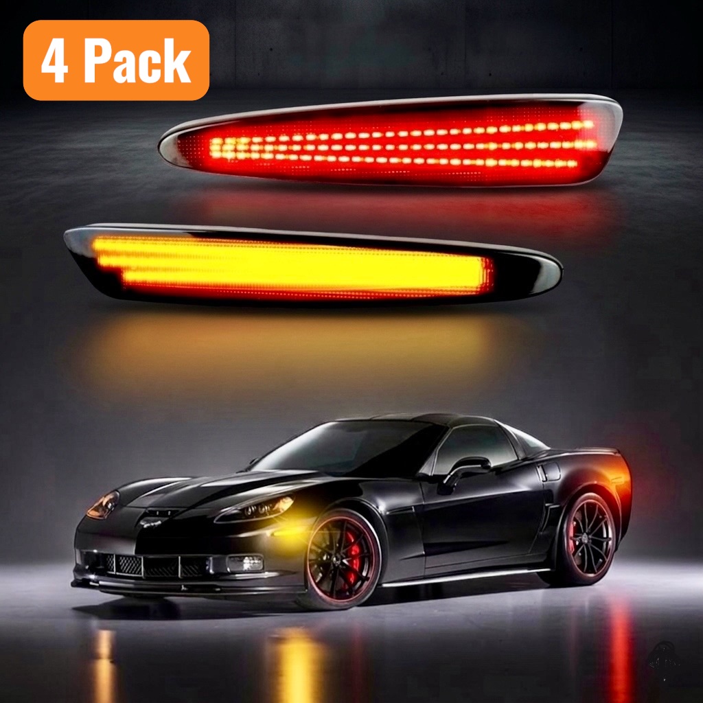 4-Pack LED Side Marker Lights for Corvette C6 - Amber Front Red Rear Smoked Lens