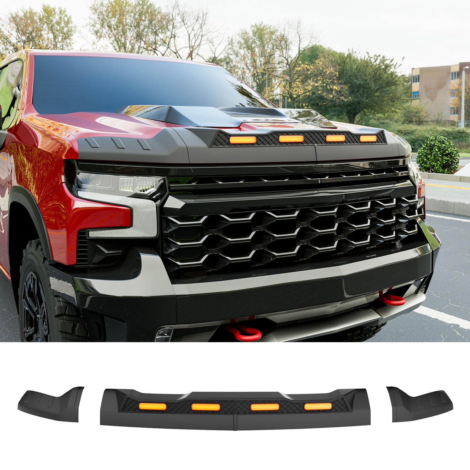 CZmenghe 3Pcs Hood Protector with LED Light Compatible with 2019-2024 Chevy Silverado 1500 ZR2 Hood Deflector Matte Black Lightshield Replacement for 2019-2024 Chevy Silverado Accessories