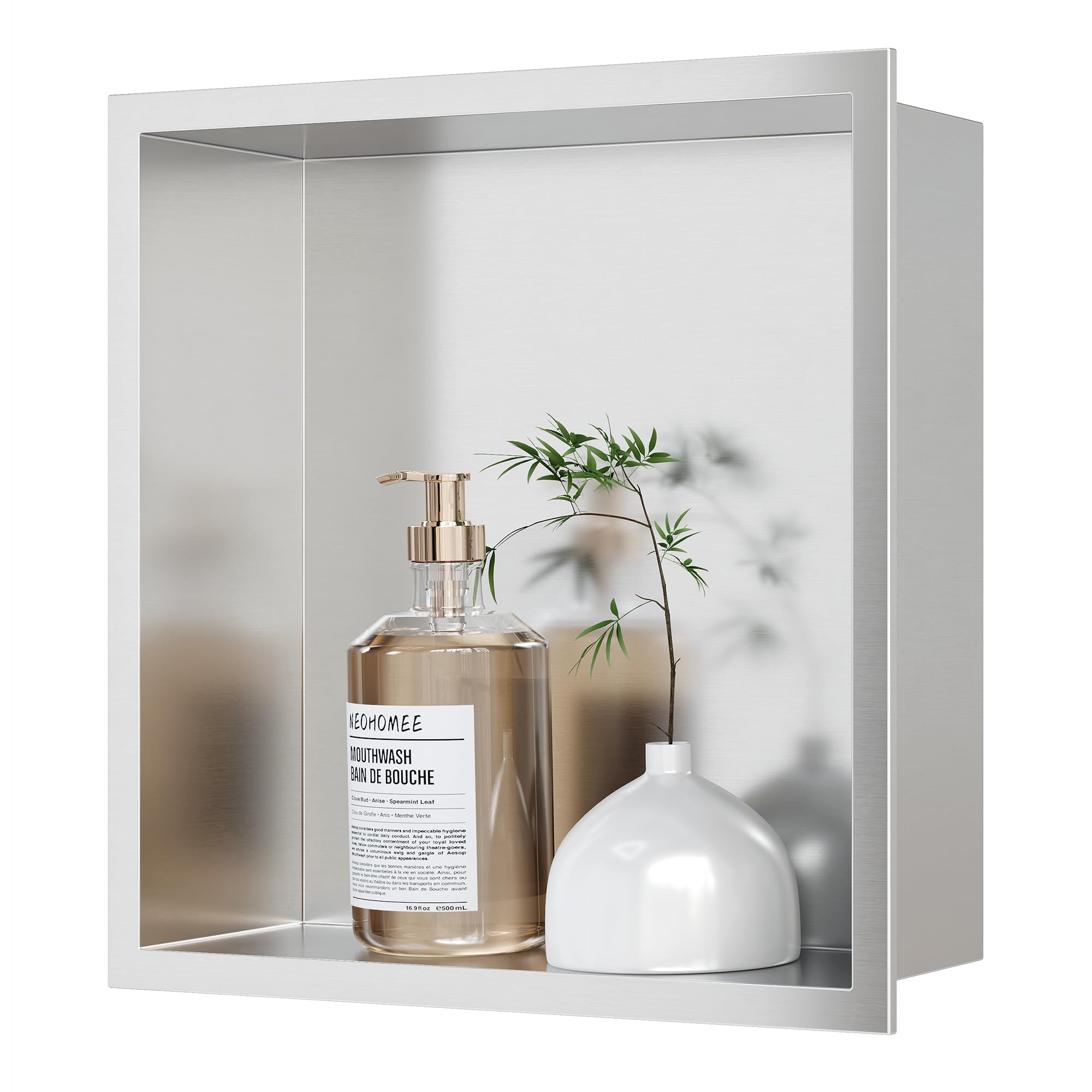 Neodrain Recessed Shower Niche, Bathroom Storage Cabinet Inner Size 12" X 12", Brushed Stainless Steel Bathroom Wall Niche Insert No Tile Needed for Shampoo