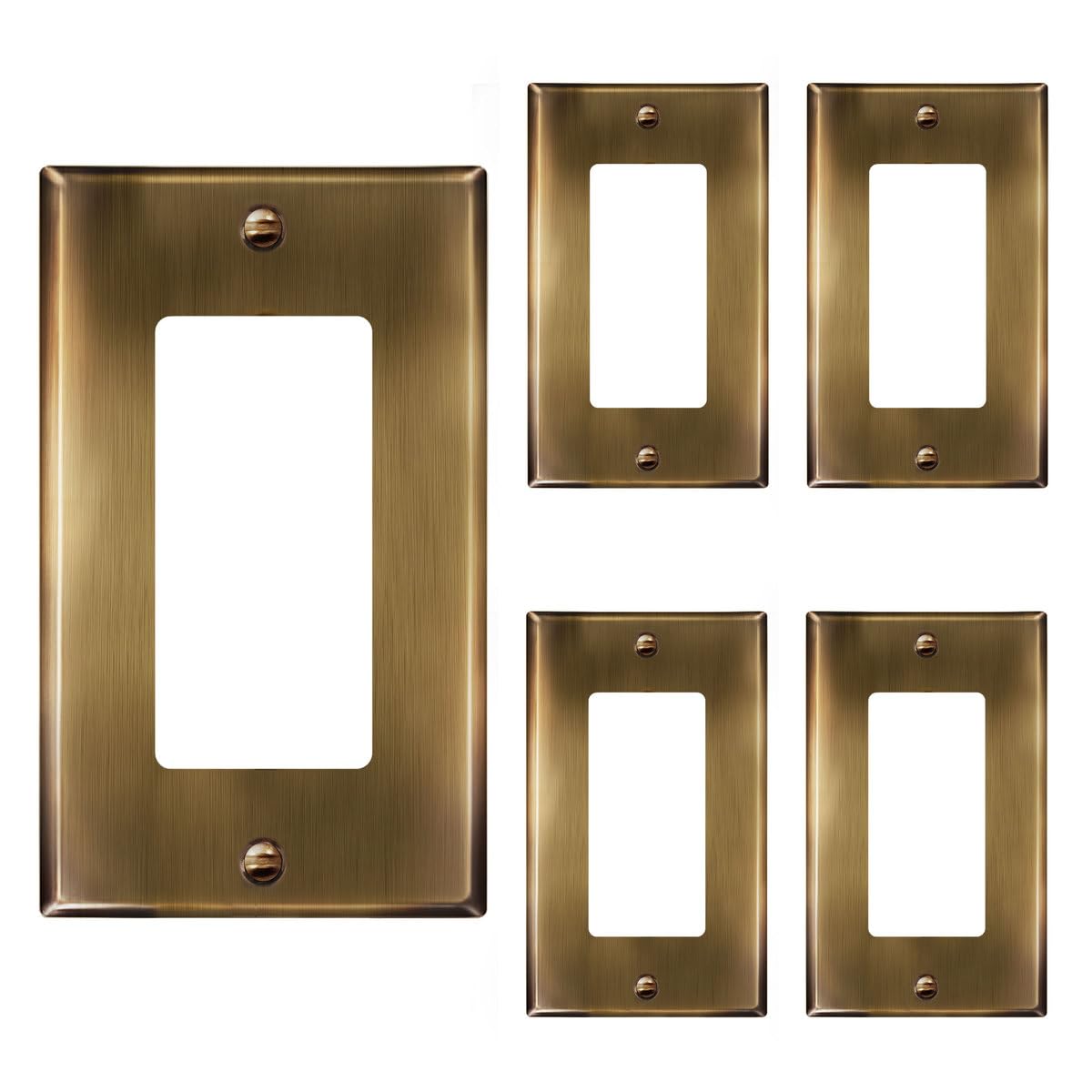 ENERLITES Decorator Switch or Outlet Metal Wall Plate, Stainless Steel Outlet Cover, Corrosion Resistant, Size 1-Gang 4.50" x 2.76", Stainless Steel 201, 7731-AB-5PCS, Antique Brass, 5 pack