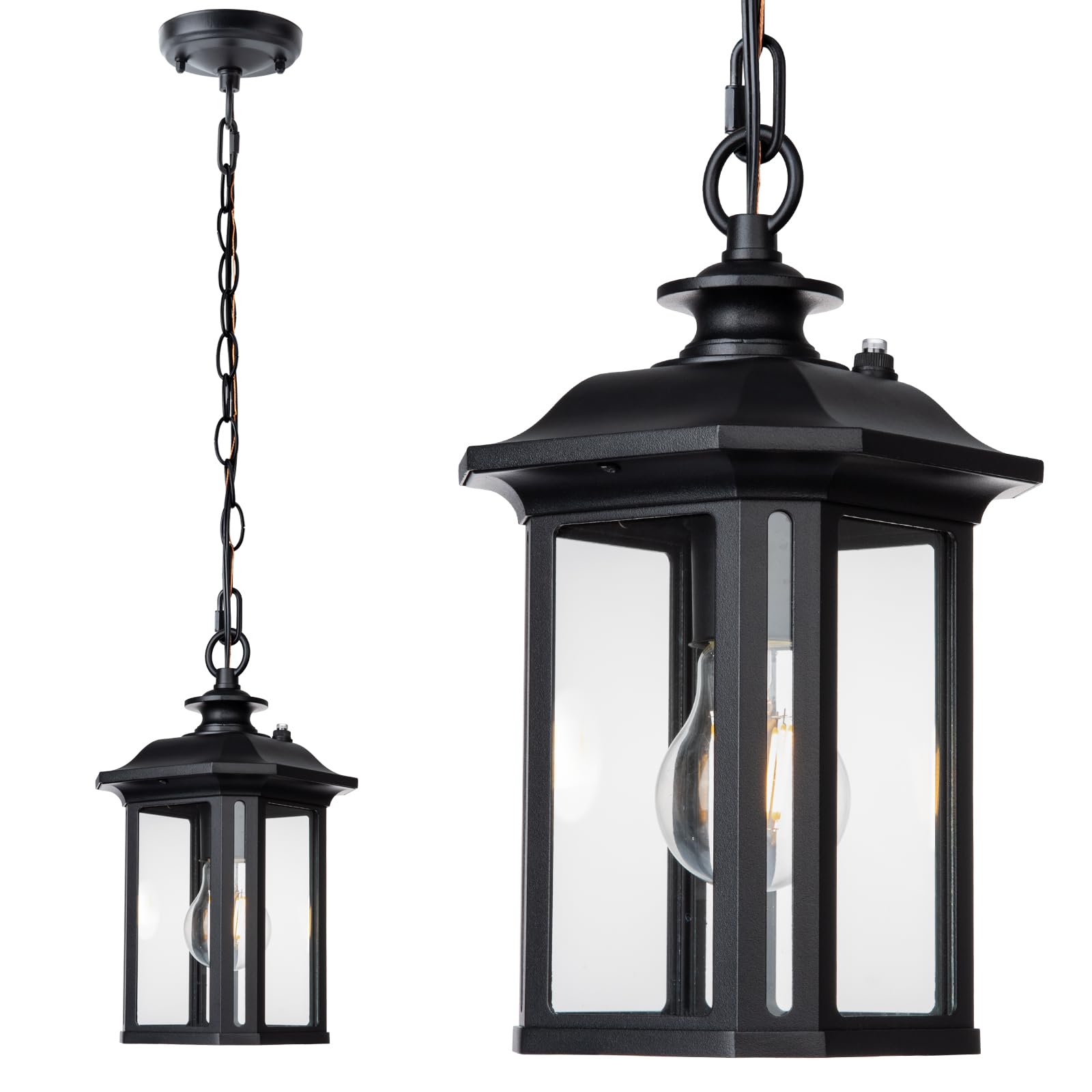JYZ Dusk to Dawn Outdoor Pendant Lighting, Large Exterior Hanging Lantern Light Fixture, Classic Black Outdoor Chandelier, Outside Ceiling Mount Hanging Lamp for Porch Hallway Foyer Patio Gazebo