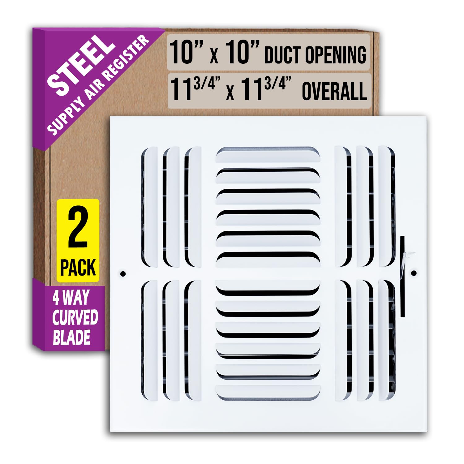 [2 Pack] Fits 10x10 Duct Opening 4 Way Fixed Curved Blade Air Supply Diffuser by Handua | Register Vent Cover Grille for Sidewall and Ceiling | White | Outer Dimensions: 11.75" X 11.75"