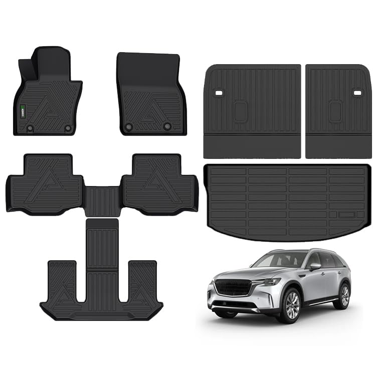 ANBINGO® Floor Mats & SeatBack Cargo Liner / CX90 2024 2025 2026/7 Passenger / 2nd Row with Bucket Seat or Captain Seat / (60/40 Velcro Tape Fixed Backmats) TPE 3 Rows Waterproof Car Mat