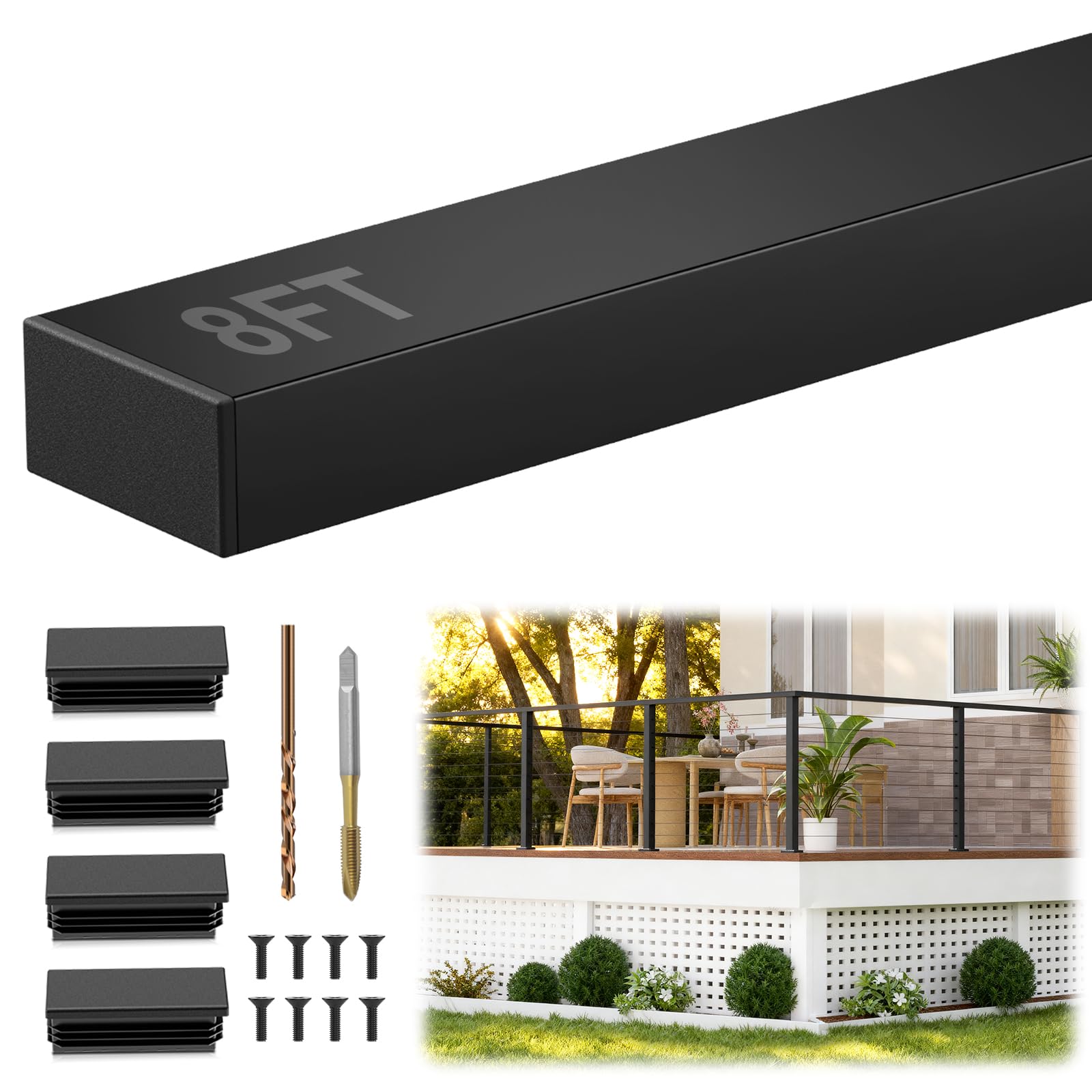 Gyykzz 8FT Black T304 SS Rectangular Cable Railing Handrail Outdoor 1.06mm