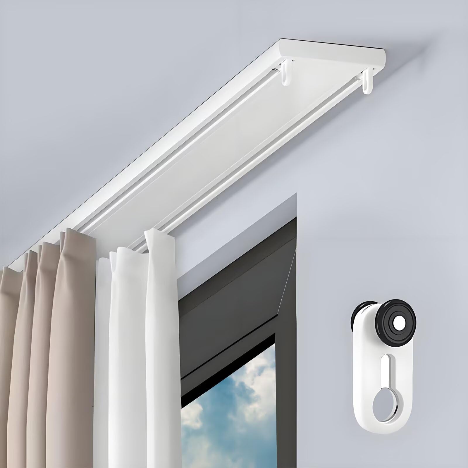 Double Curtain Track Ceiling Mounted Dual Aluminum Curtain Rails Wall Mount Double-row Silent Drapery Channel Slider Track System for Bedroom Kitchen Room White 1.2m(3.9ft)