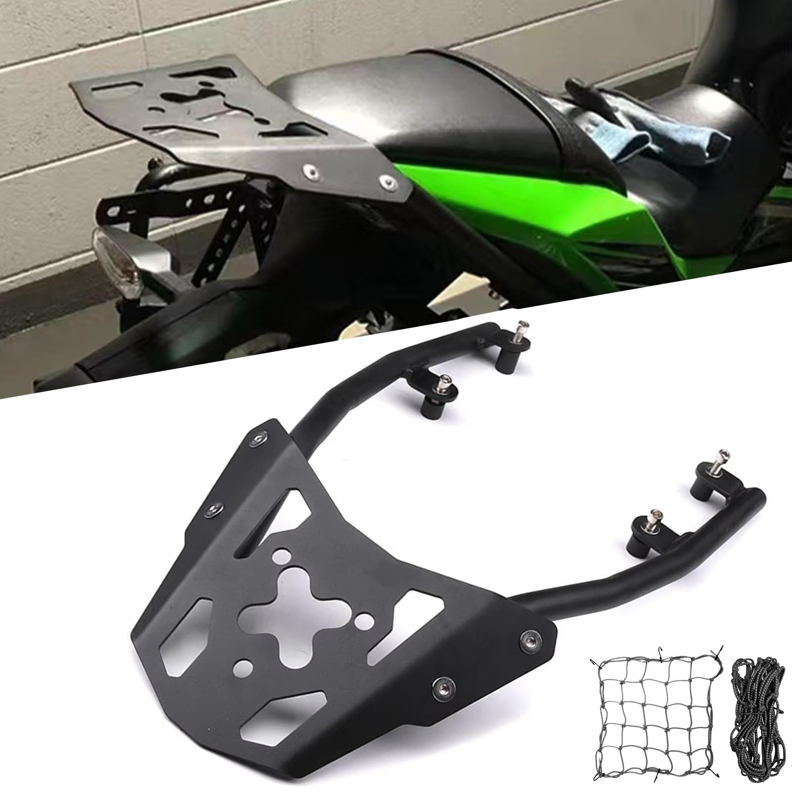 Compatible with Kawasaki Z650 2019-2024 Motorcycle Rear Luggage Rack Cargo Carrier Bracket with 2Pcs Reflective Cargo Net Tail Storage Extended Seat Shelf Accessories