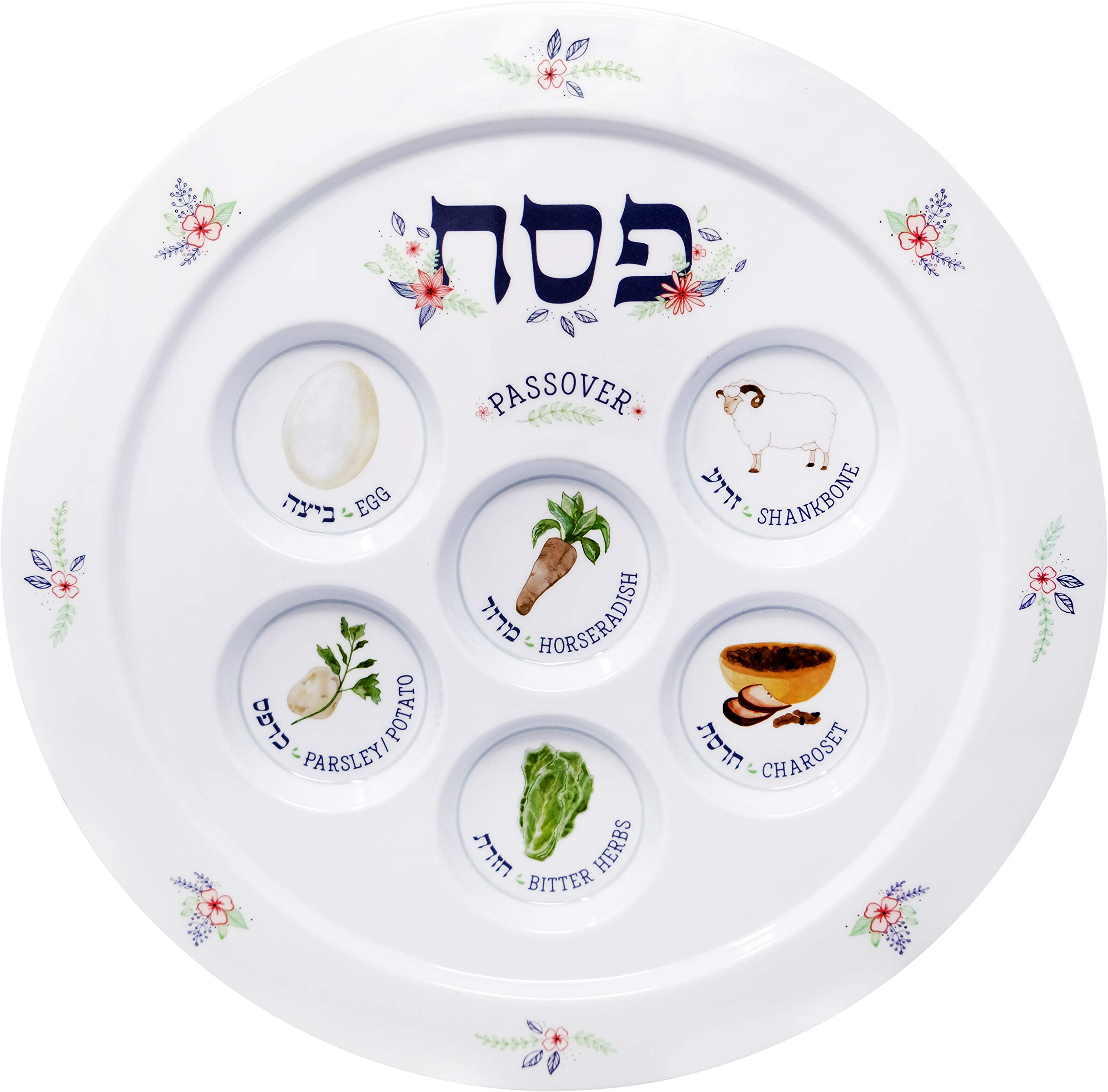 The Dreidel Company Passover Seder Plate Melamine Seder Plate Spring Garden Design, Traditional Kaarah For Pesach 12" (6-Pack)