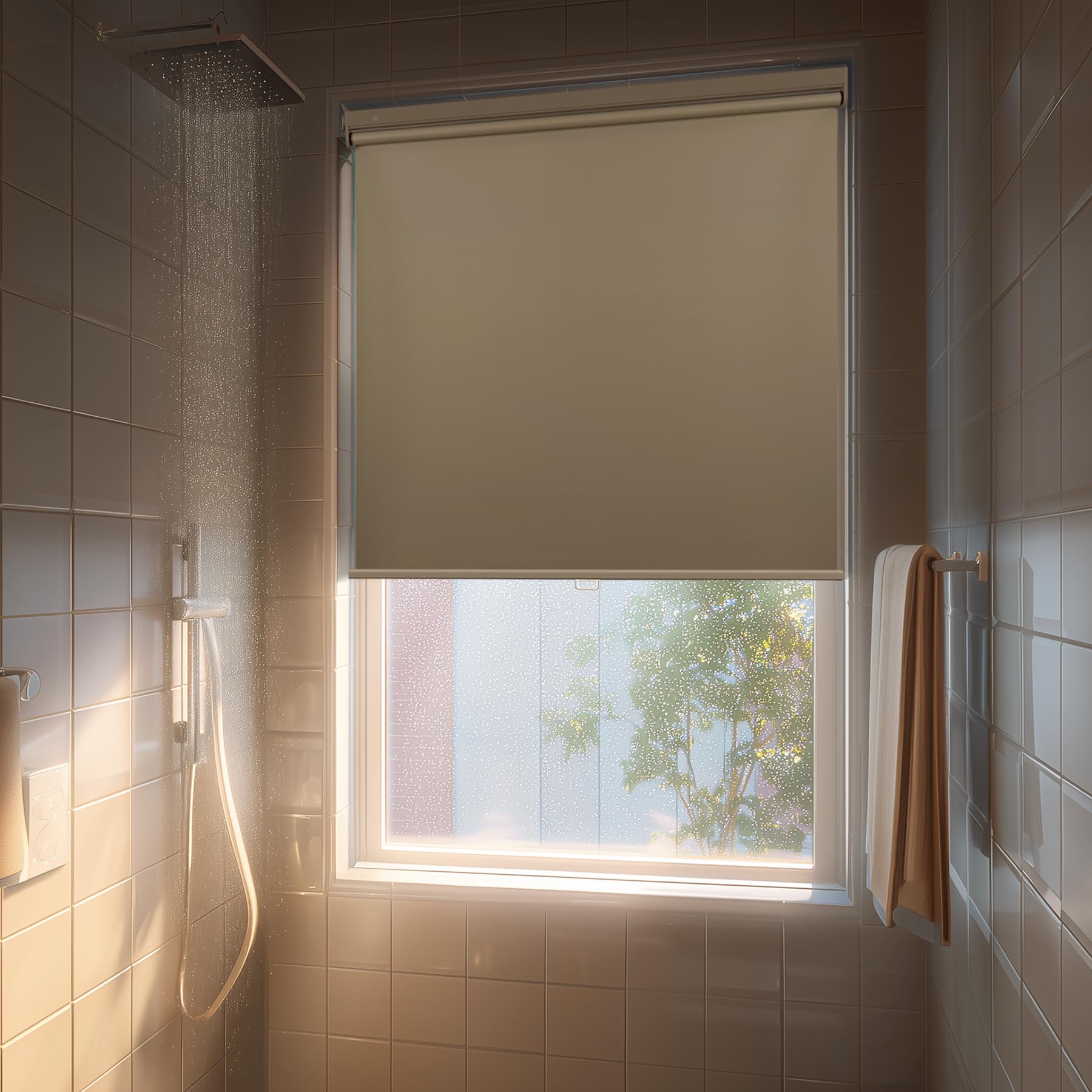 HESTIA No Drill Cordless Blackout Roller Shades Screwless Waterproof Shower Window Blinds, Auto-Retraction Easy Install Blind for Bathroom/Kitchen/Office/Exterior, Cream, 27.5" W x 54" H