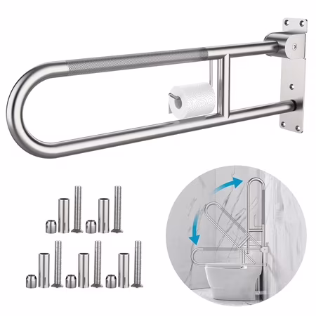 ZUEXT 30.3" Flip-Up Handicap Toilet Grab Bar w/ Paper Holder Stainless Steel