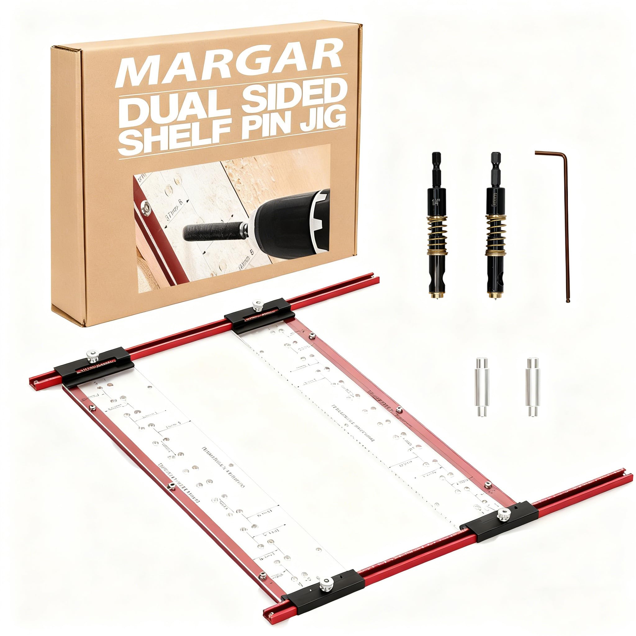 Upgraded 5mm Shelf Pin Jig, Shelf Hole Jig with 1/4" and 5mm Self Centering Drill Bits, Adjustable Shelf Pin Drilling Jig with Indexing Pin, ABS Transparent Plate, Enhanced Durability