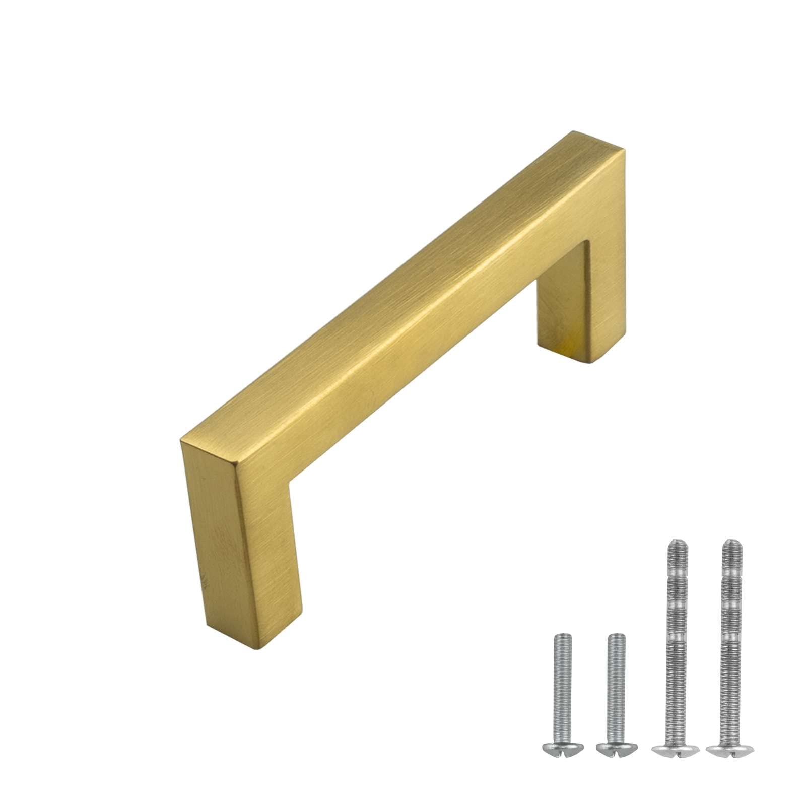 Modket Euro Square Cabinet Handle Pull 304 Stainless Steel — 3-3/8" Overall Length, 3" (76mm) Hole Centers, Brushed Satin Brass Gold— 10-Packs
