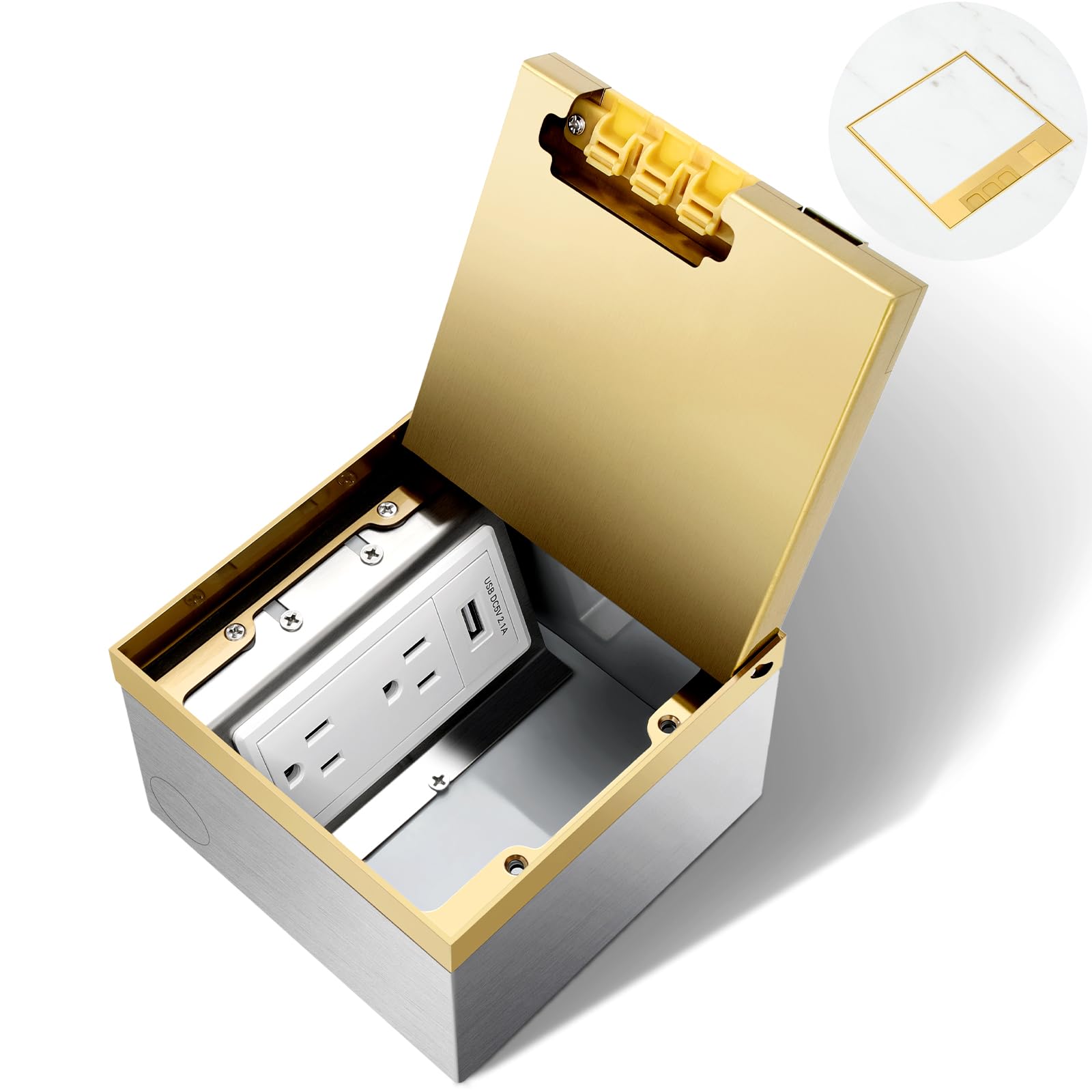 Vagueior Recessed Flat Hidden Floor Electrical Outlet Kit, Hidden Duplex 2 * 15A Tamper-Resistant Receptacle Outlet and 2.1A USB Port, Waterproof Electrical Outlet Cover Box, Gold
