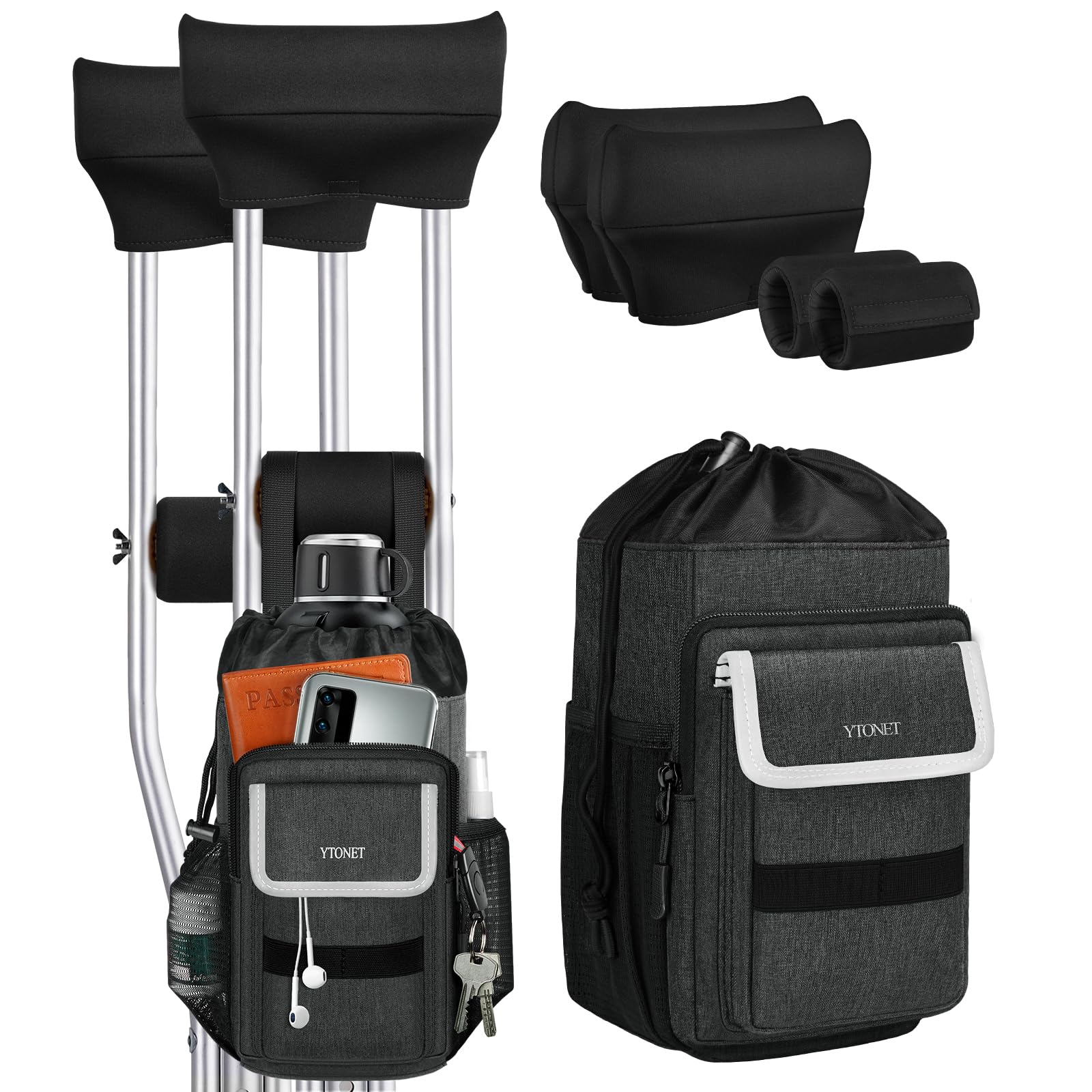 Ytonet Crutches Padding & Crutch Bag 5 PCS, Crutch Pads for Armpits and Hand Grips, Water-Resistant, Pouch with Reflective Strips, Crutches Accessories for Standard Crutches, Men, Women (Black)