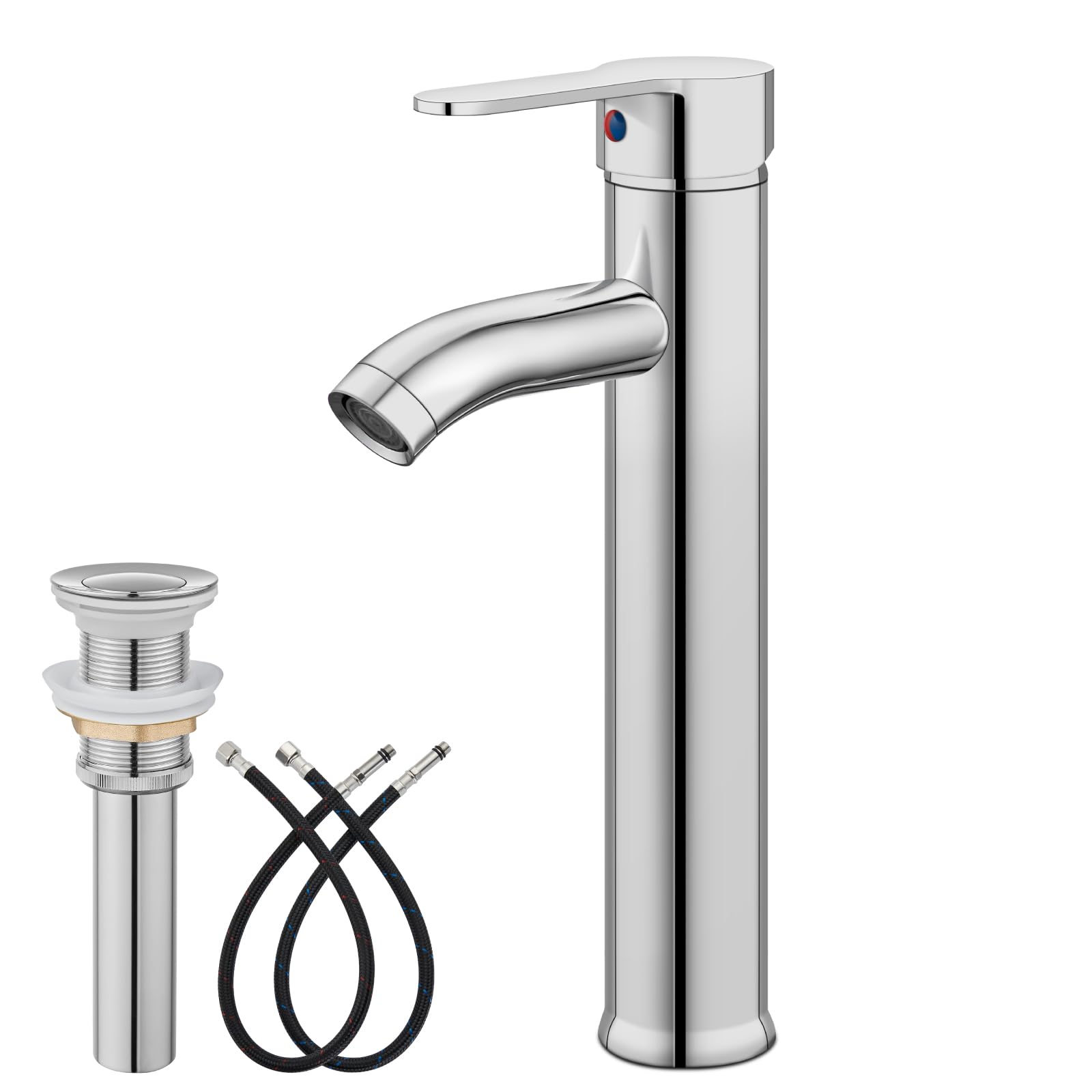 gotonovo Vessel Sink Faucet Modern Tall Bathroom Faucet Single Handle One Hole Stainless Steel Vanity Lavatory Rv Bowl Basin Mixer Tap with Supply Lines and Metal Pop Up Drain, Polish Chrome