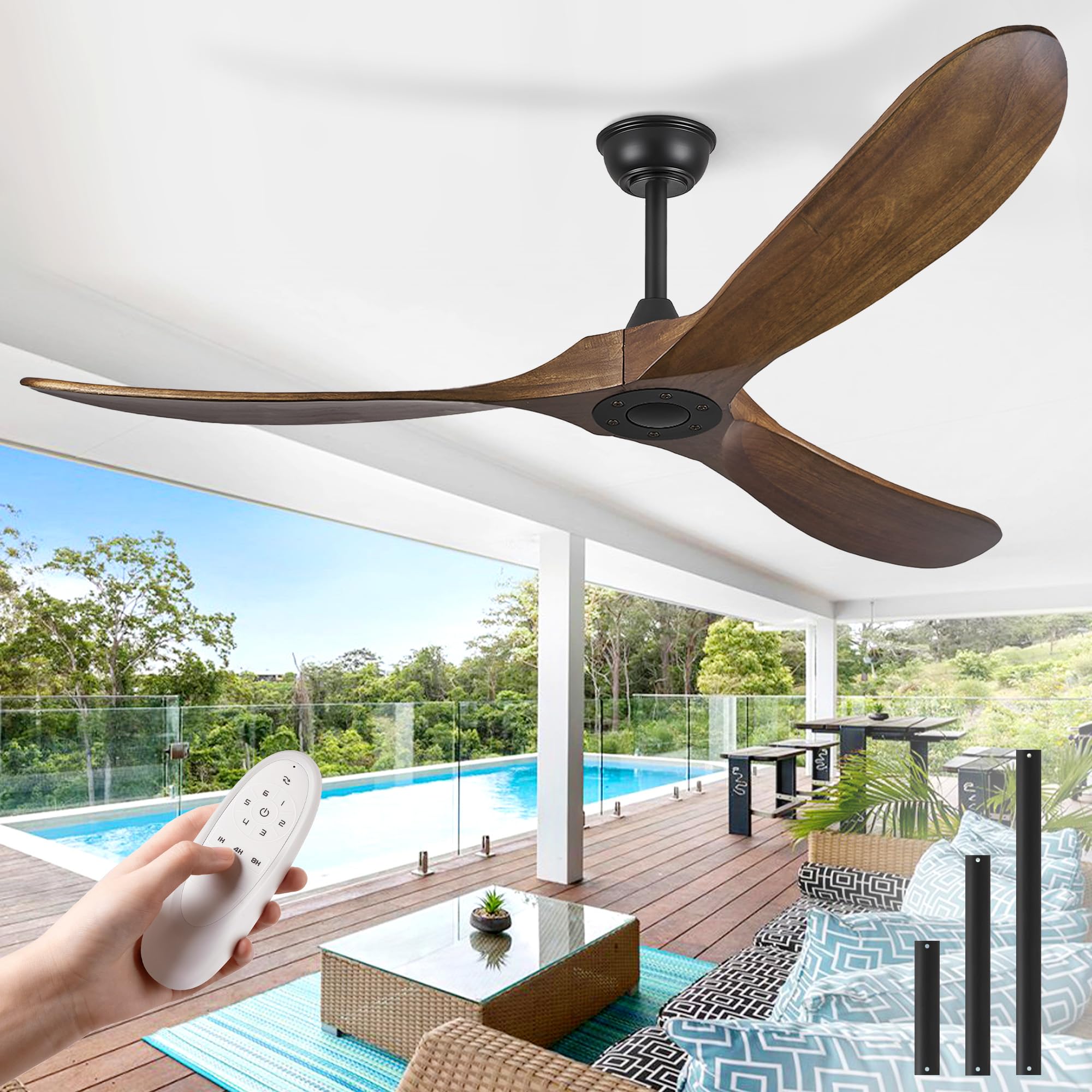 Haipeel 60" Dark Walnut 3-Blade Propeller Ceiling Fan No Light Remote Indoor
