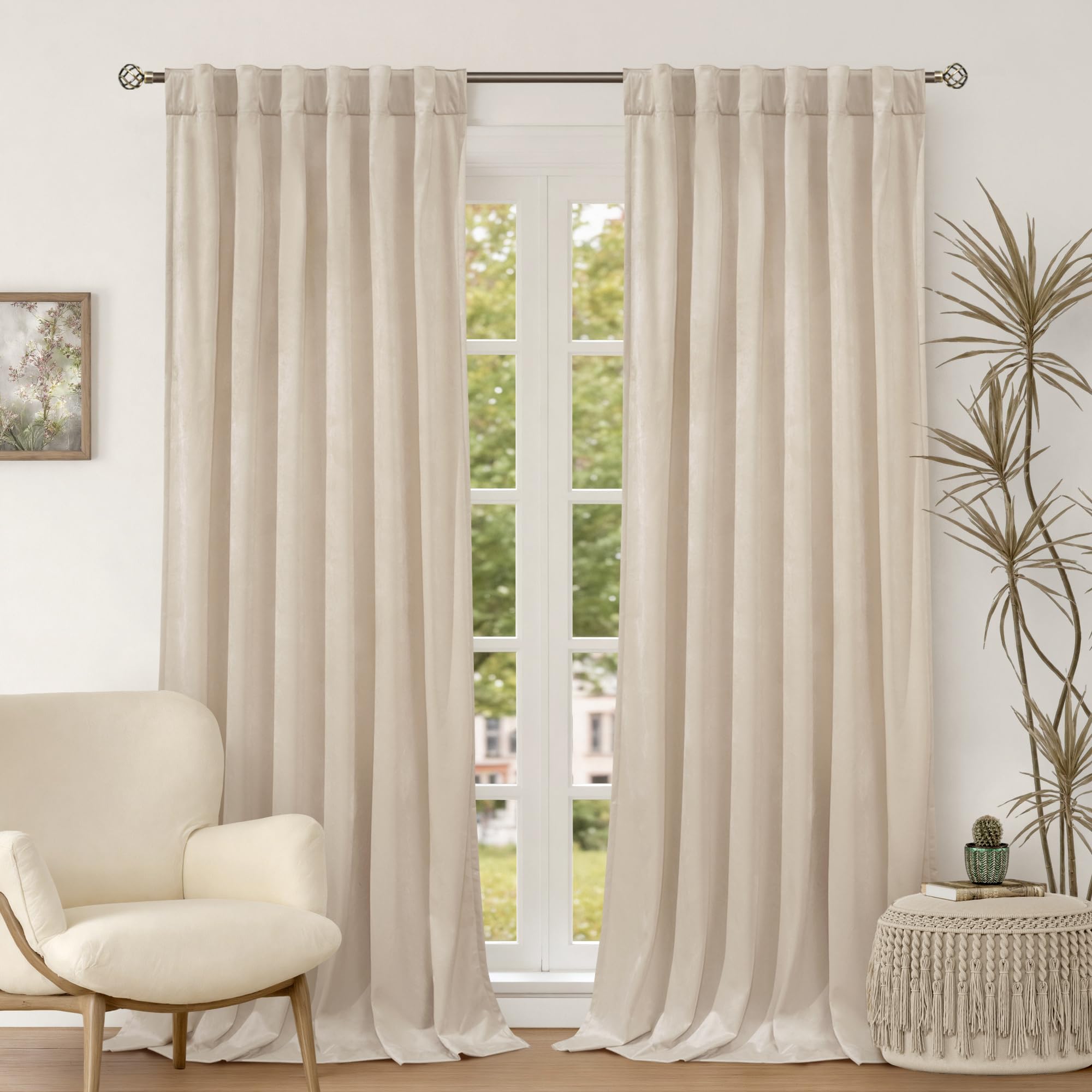 BGment Cream Beige Velvet Curtains 90 Inch for Bedroom, Thick Thermal Insulated Room Darkening Curtains Noise Reduce Back Tab and Rod Pocket Window Panels for Living Room, 2 Panels, 52 x 90 Inch