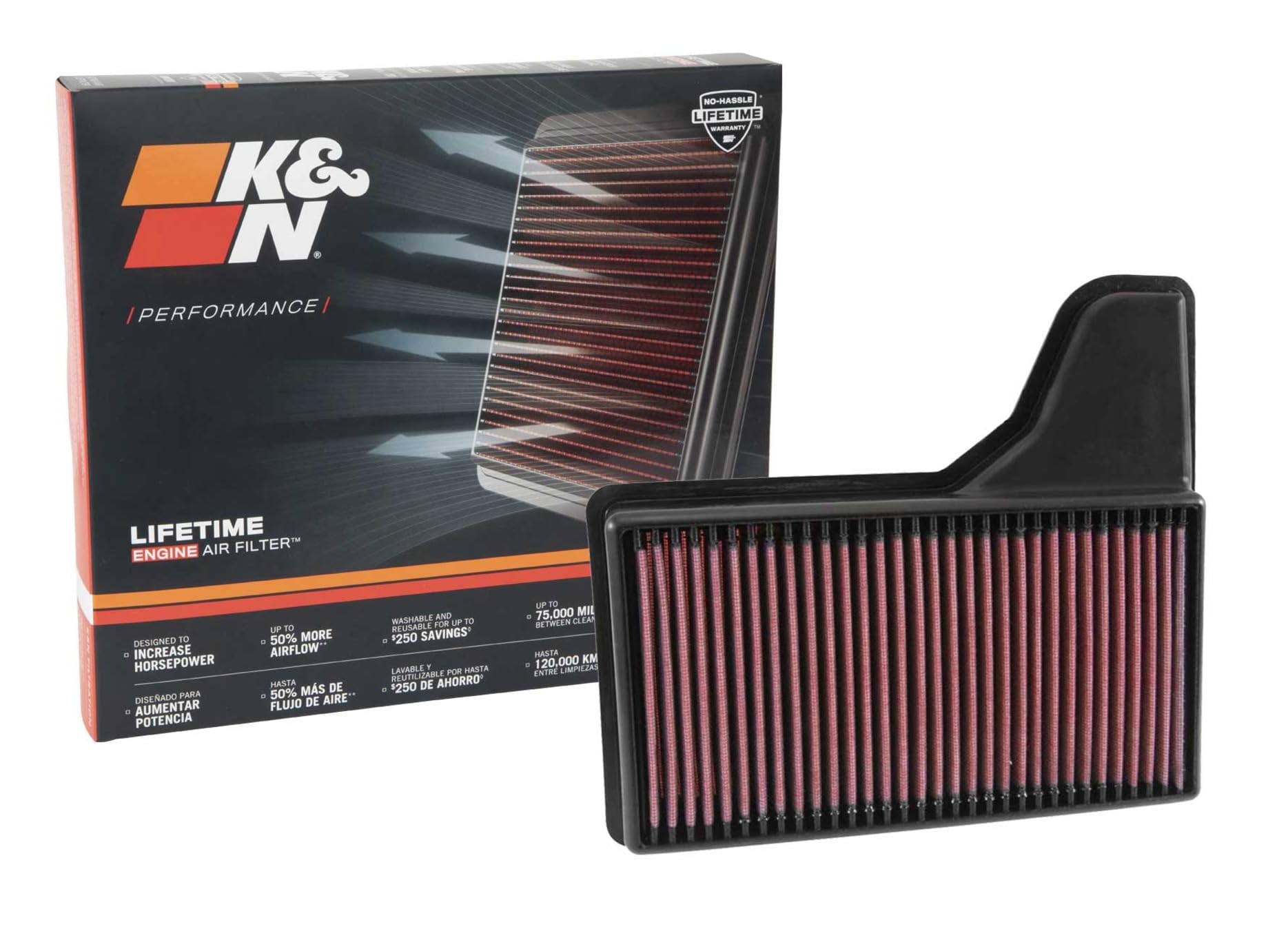K&N High-Flow Original Lifetime Engine Air Filter: Increase Power: Premium, Washable: Compatible with 2015-2023 FORD: Mustang, Mustang GT, 33-5029