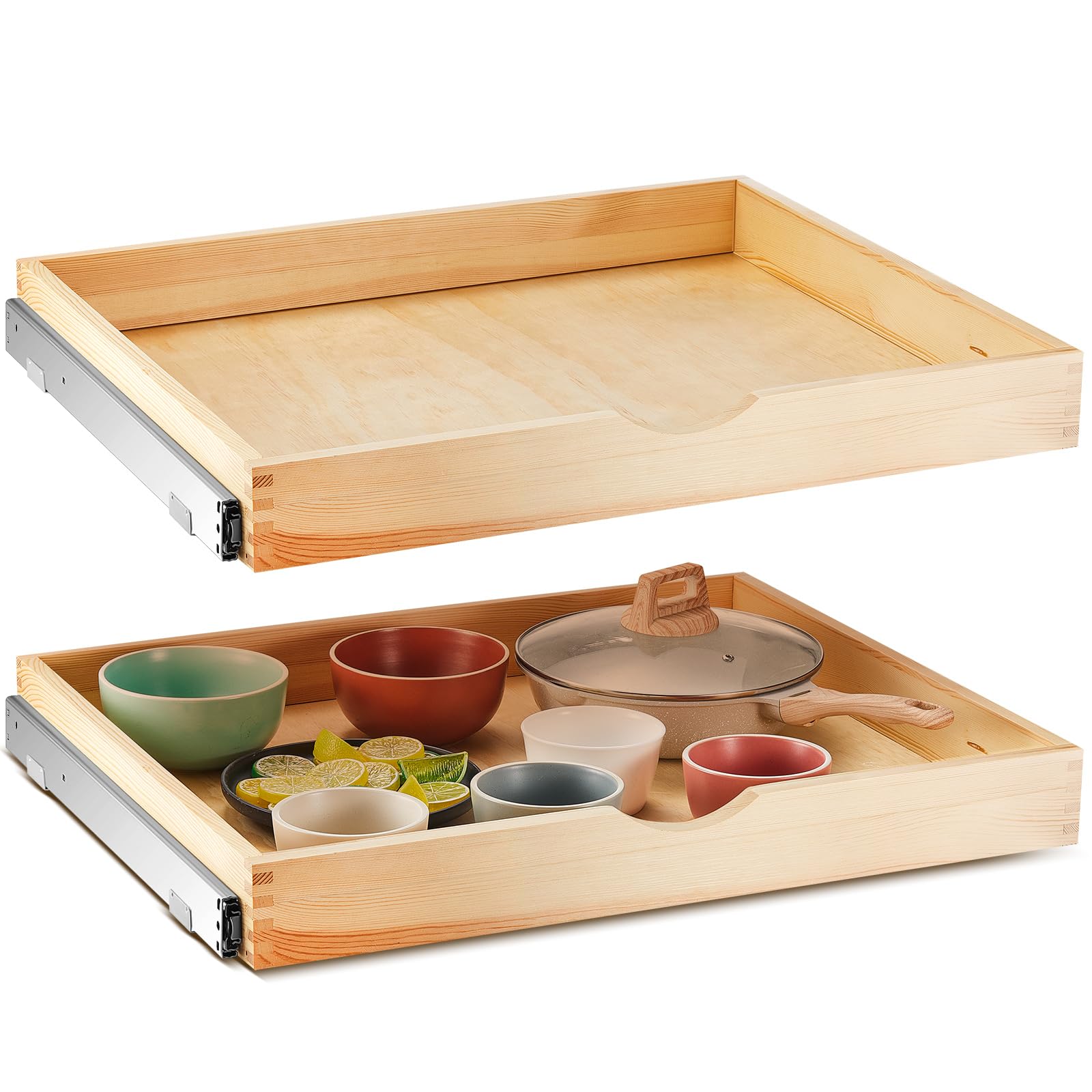 Menkxi 2 Set Pull out Tray Cabinet Organizer Wooden Pull Drawers storage Slide out Pantry Shelf for Base Cabinet Kitchen Gentle Close Fully Assembled Accessories(Wood Color,27'' X 21'' X 3")