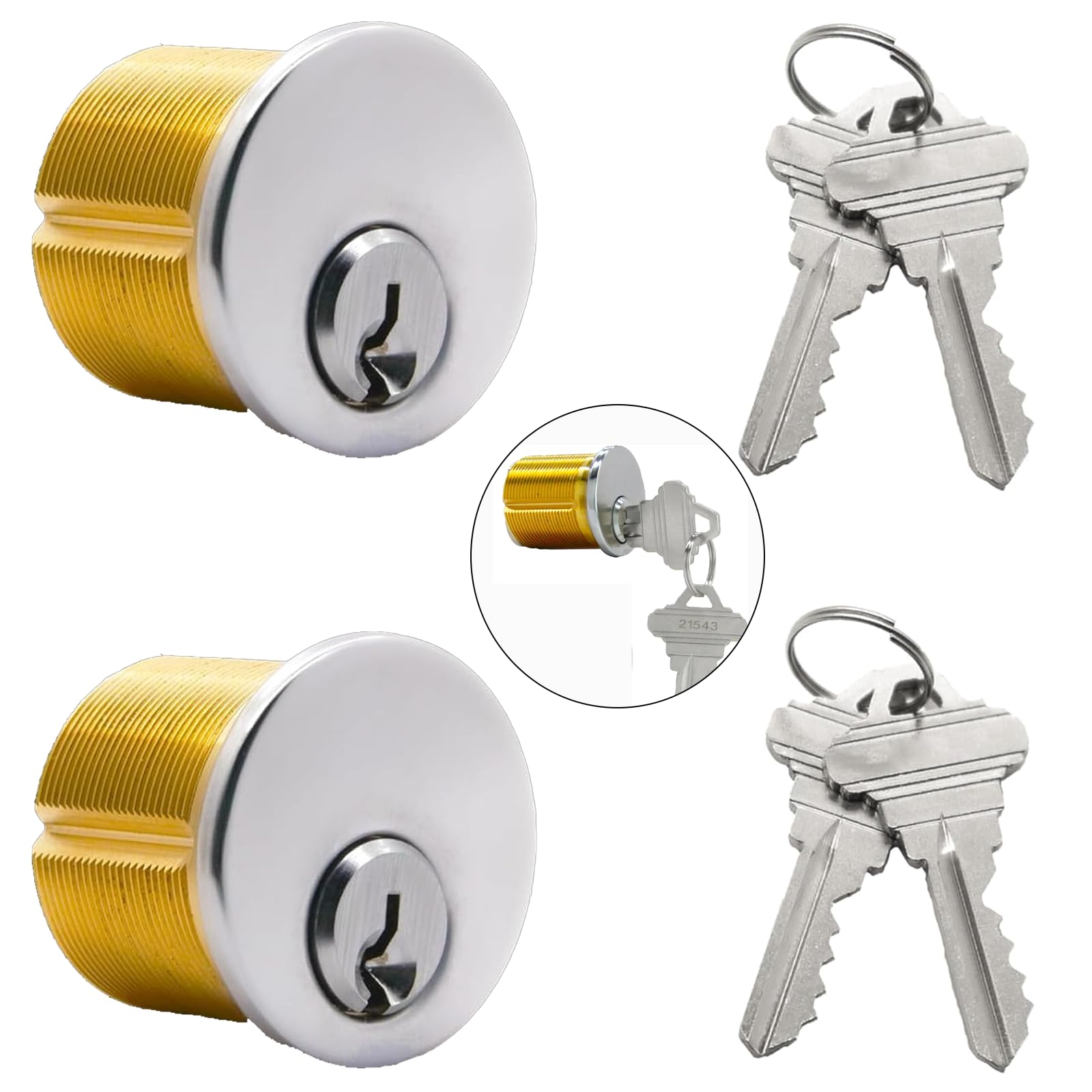 2Pcs Brass Mortise Cylinder Locks with 2 SC1 Keyway Keys fit Standard Commercial Door Replacement Lock Mortise Cylinder for Home Aluminum Door(1 1/8" Inch - Different SC1 Keys)