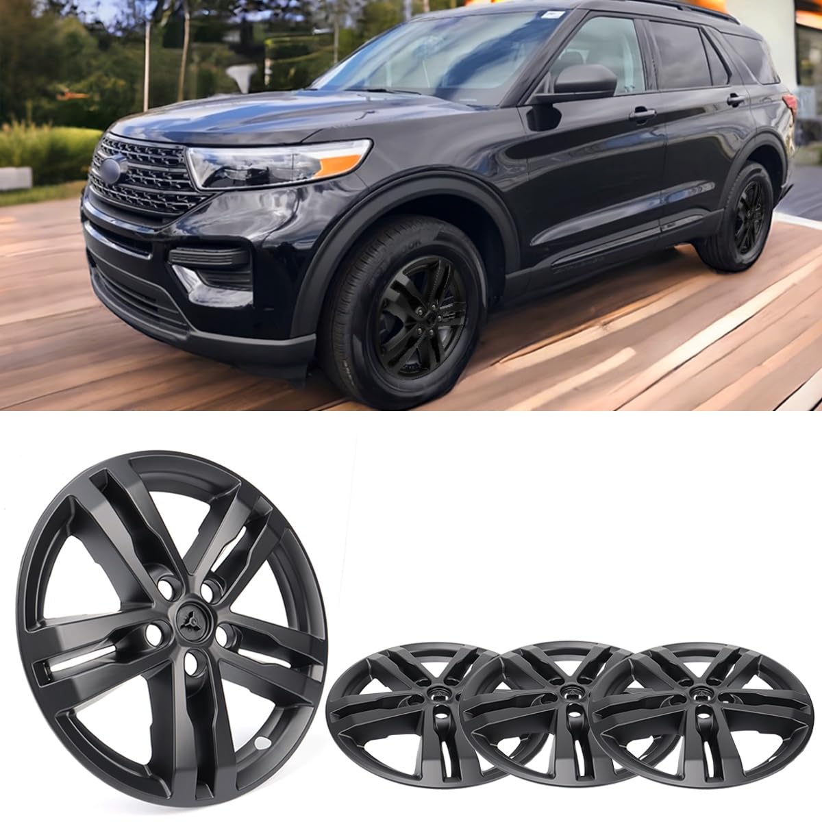 WheelX 18inch Hubcaps Wheel Skin Covers Compatible with 2020-2024 Ford Explorer XLT, Durable ABS Plastic Rim Covers (Set of 4), Fit for Standard Wheels - Snap On Tire Cover Replacement (Matte Black)