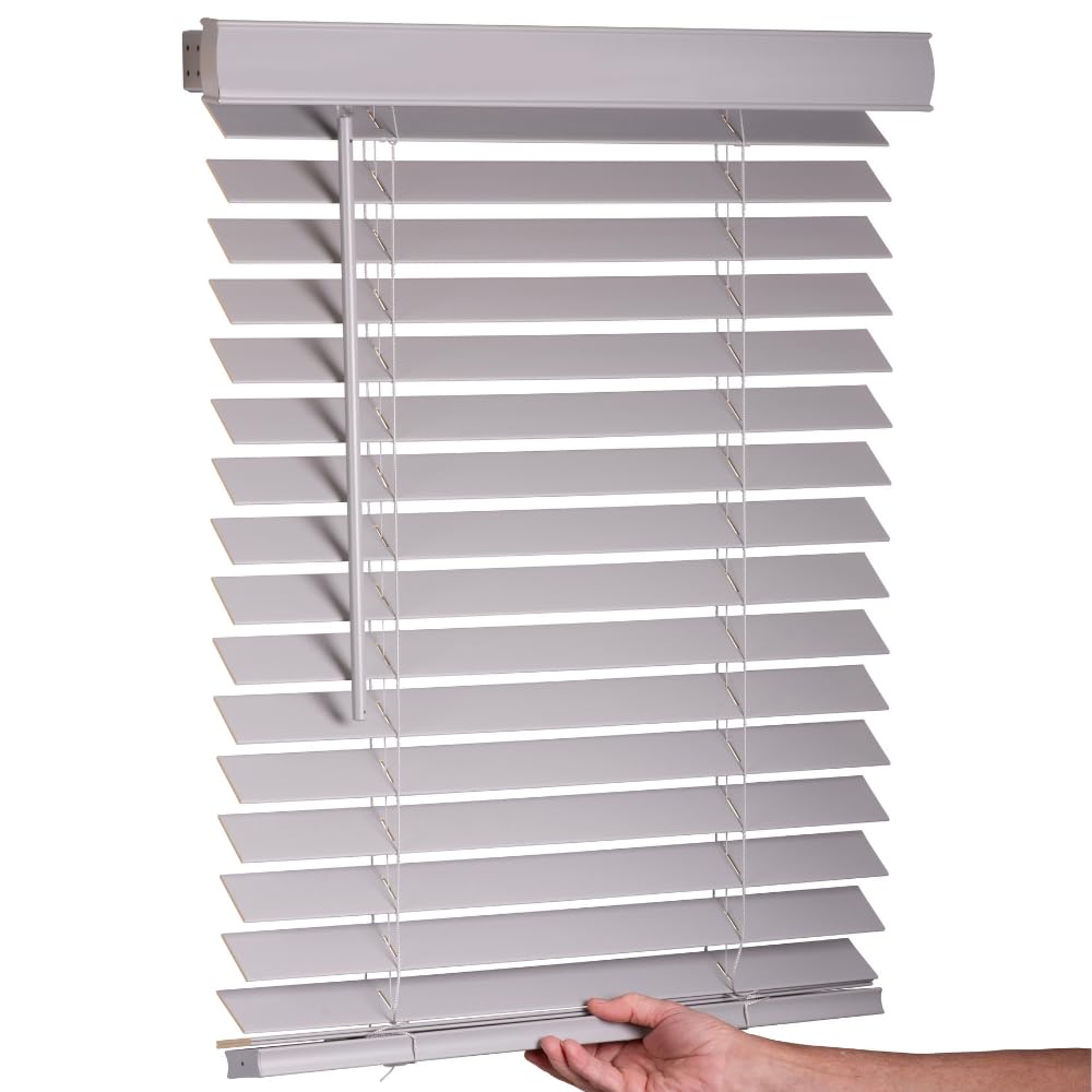 LOTUS & WINDOWARE Cordless Faux Wood Blinds, 34" Wide x 84" Long,Smooth,Light Gray, 2 Inch Horizontal Blinds – for Living Room, Bedroom, Interior Door Windows
