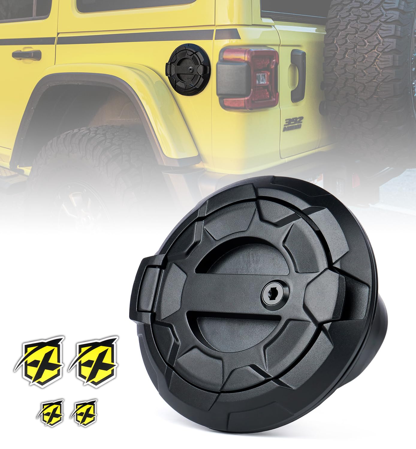 Xprite Gas Tank Cap Cover with Wheel Pattern Design, Aluminum Lock Fuel Door Cover Compatible with Jeep Wrangler 2018-2026 JL & JLU 2 & 4 Door Unlimited, Matte Black (No Keys Included)