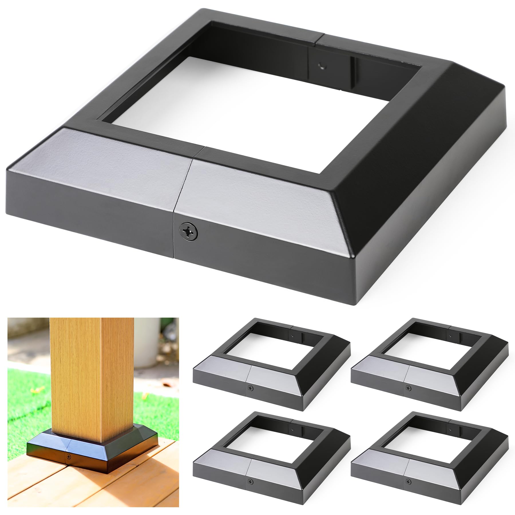 4pc Black 6x6 Deck Post Base Covers Aluminnm Split Design (actual size 5.5") NEW