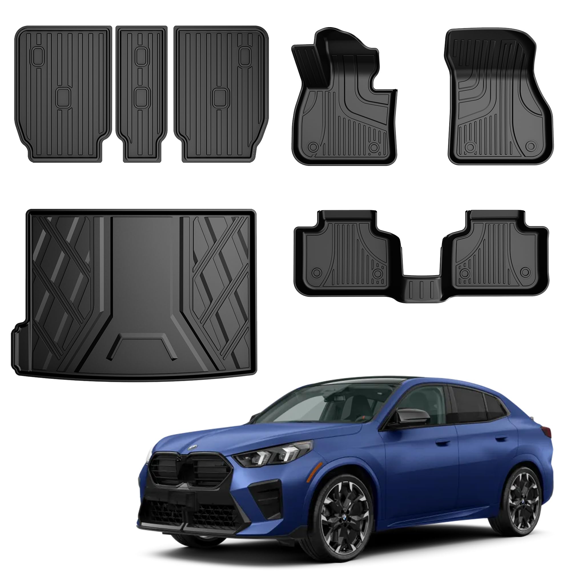 Floor Mats & Cargo Liner & Backrest Mat Compatible with BMW X2 2018-2023: All Weather Floor Mat X2 TPE Accessories Trunk Mat Back Seat Cover Protector Full Set