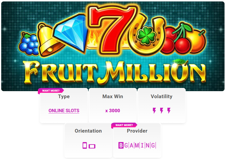 Game information screen for Fruit Million at Pulsz Casino, showing high volatility, BGaming provider, and 3000x max win