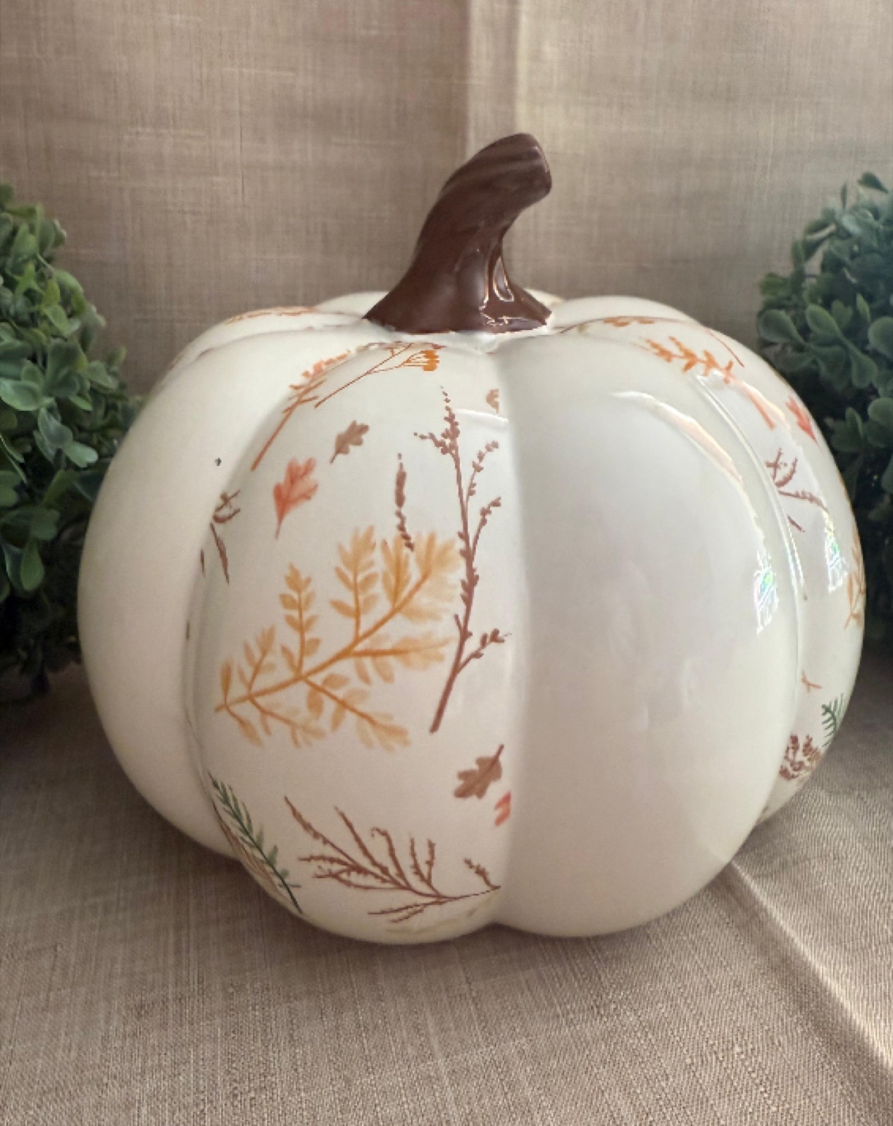 Calabaza Blanca con Hojas de Cerámica