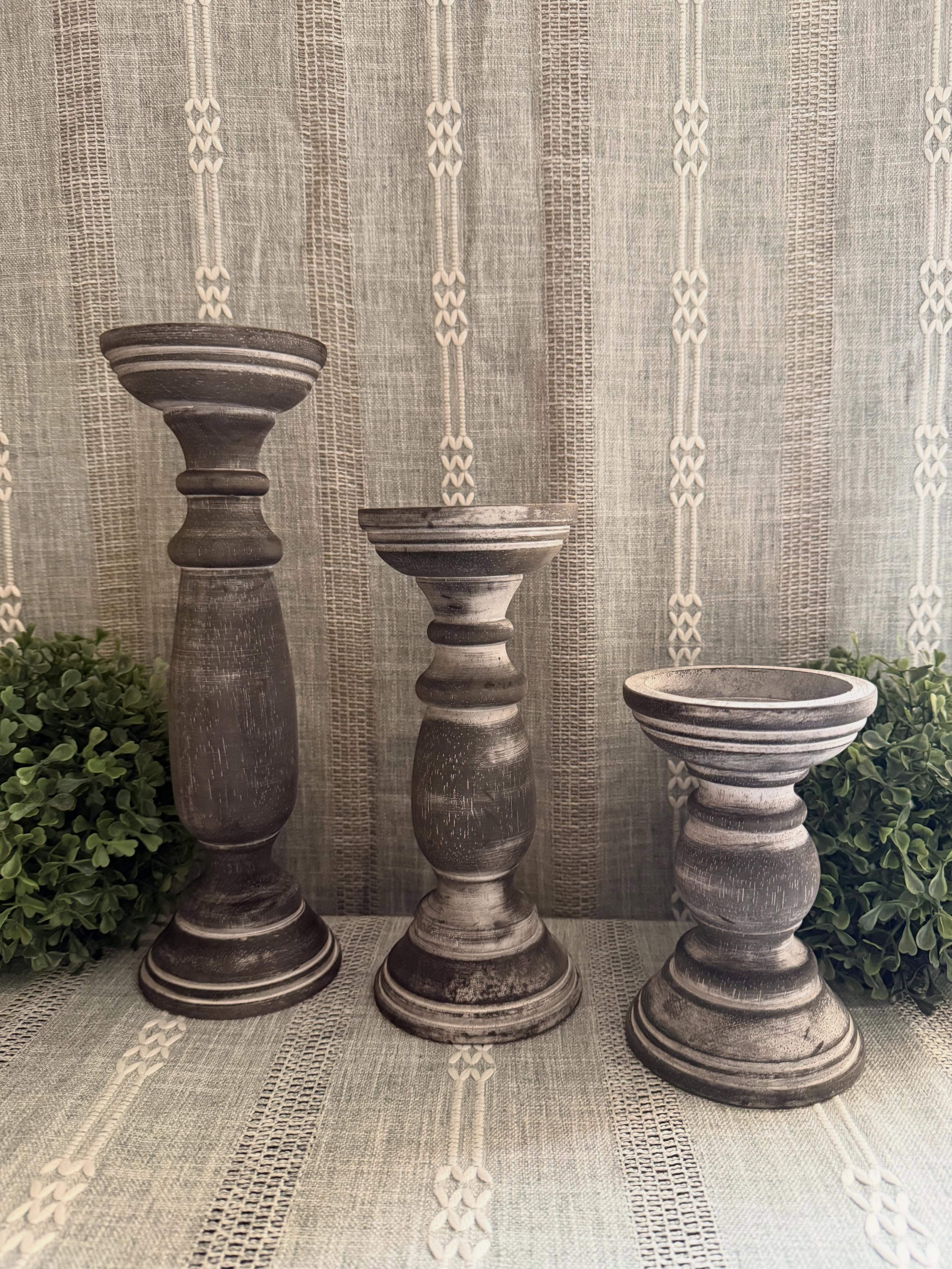 Set 3 Candeleros de madera color gris